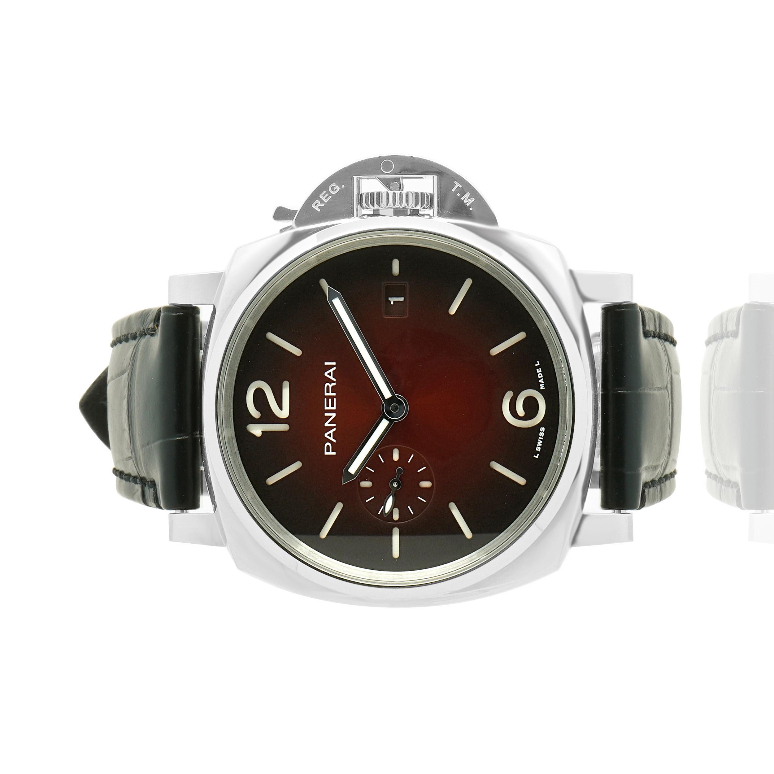 Movement: automatic
Function: hours, minutes, sub seconds, date
Case: 42mm stainless steel case, smooth bezel, sapphire crystal, push-pull crown, 
Band: black leather, integrated
Dial: burgundy sun-brushed arabic
Reference: PAM 01424
Serial: OP7610