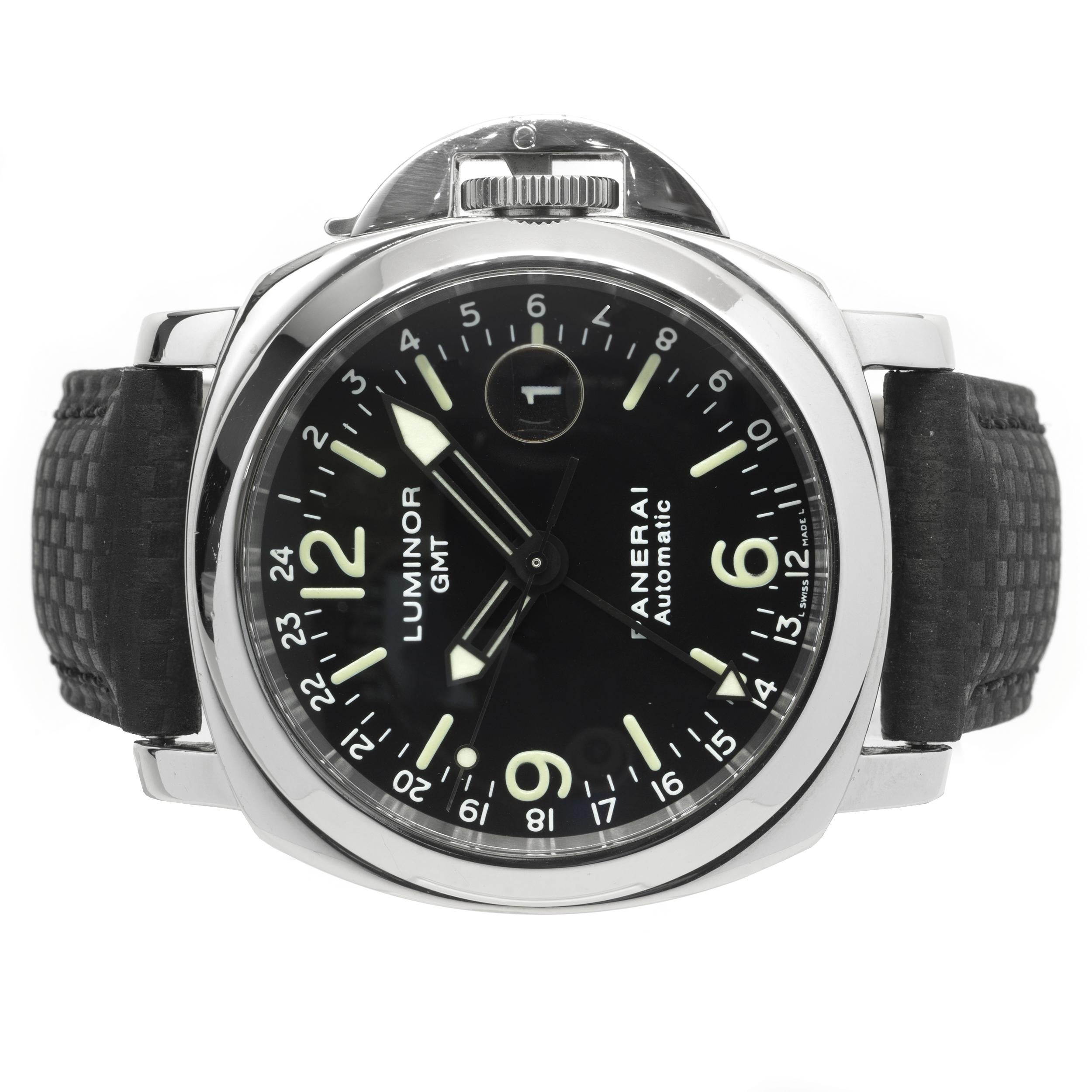 Movement: automatic
Function: Hours, minutes, seconds, date, GMT
Case: 44mm stainless steel case, sapphire crystal, smooth bezel, push-pull crown
Band: Panerai black rubber strap with deployment clasp
Dial: black arabic/stick 
Reference: PAM
