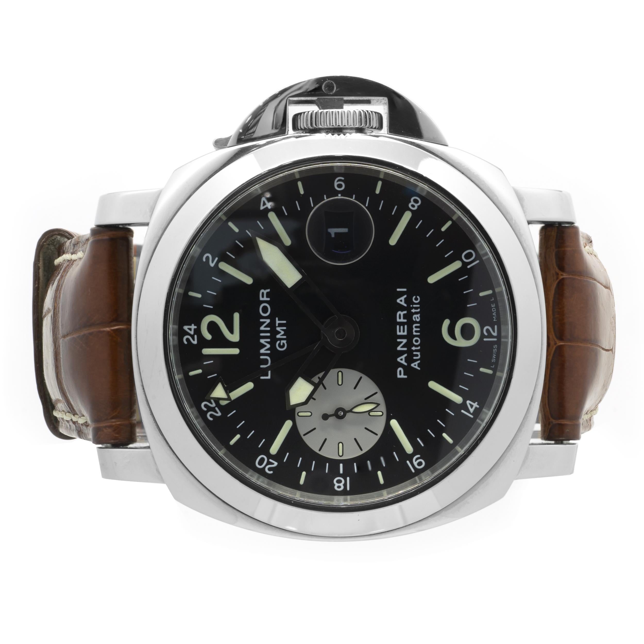 Movement: automatic
Function: Hours, minutes, seconds, date, GMT
Case: 44mm stainless steel case, sapphire crystal, smooth bezel, push-pull crown
Band: Panerai brown aligator strap with deployment clasp
Dial: black arabic/stick GMT dial
Reference: