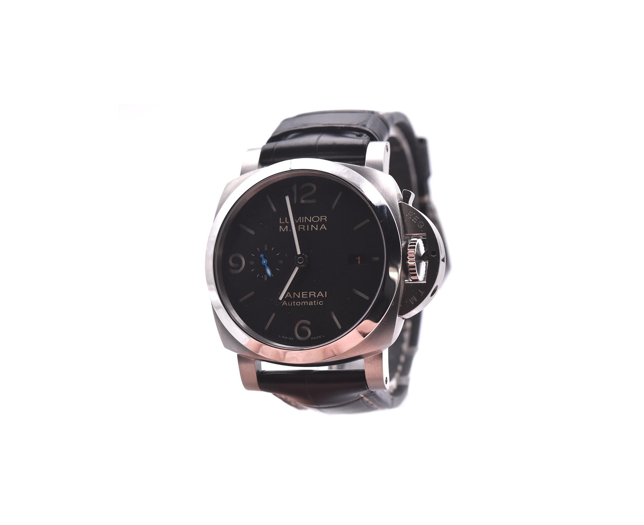 Movement: automatic
Function: Hours, minutes, seconds, date
Case: 44mm stainless steel case, sapphire crystal, smooth bezel, push-pull crown
Band: black alligator bracelet with buckle
Dial: black dial, arabic numerals at 6,9, and 12