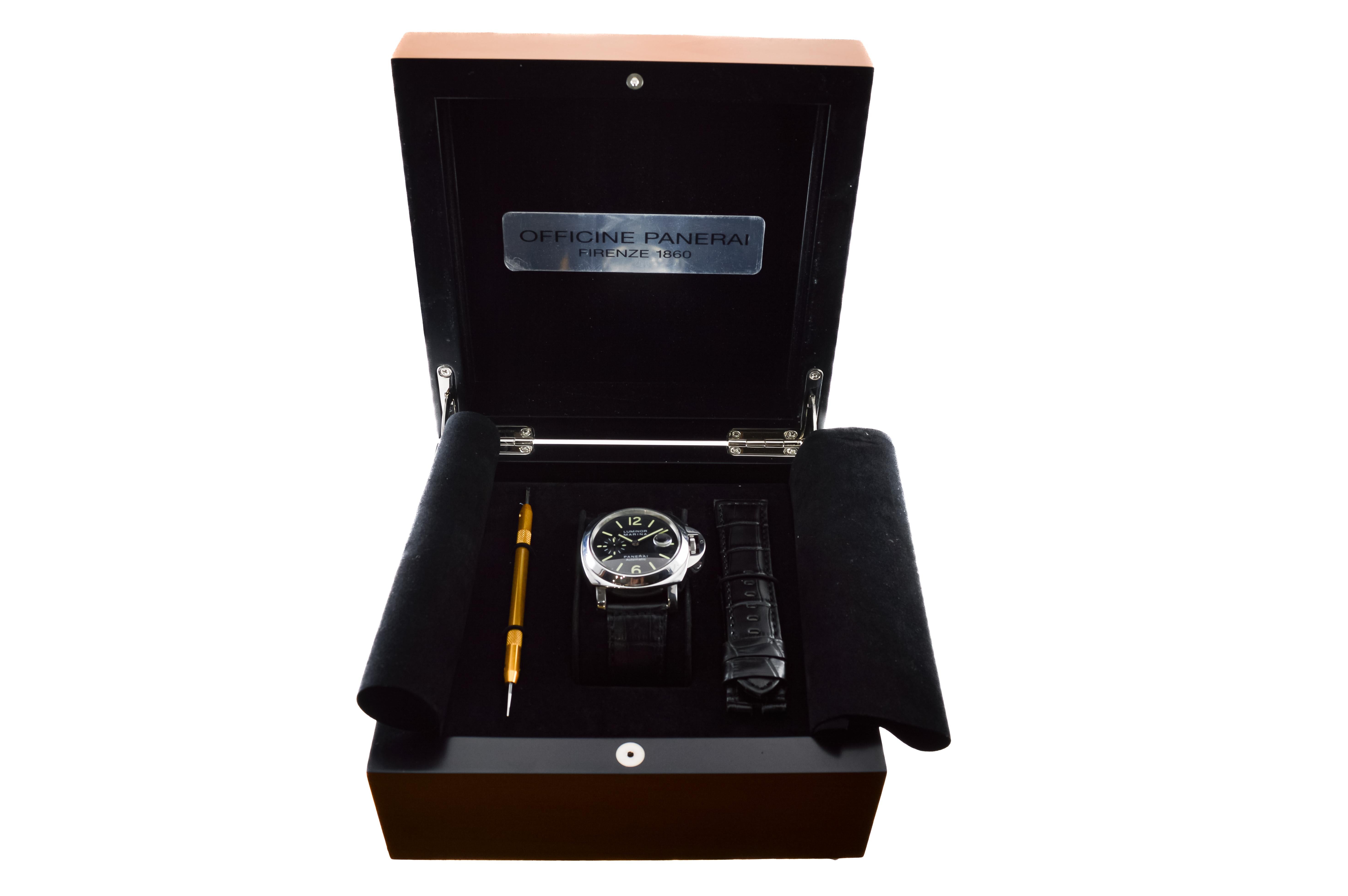 FACTORY / HOUSE: Panerai
STYLE / REFERENCE: Luminor Marina / Reference OP 6768
METAL / MATERIAL: Stainless Steel
CIRCA / YEAR: 2010
DIMENSIONS / SIZE: Diameter 44mm
MOVEMENT / CALIBER: Automatic Winding / 24 Jewels  
DIAL / HANDS: Original Black /