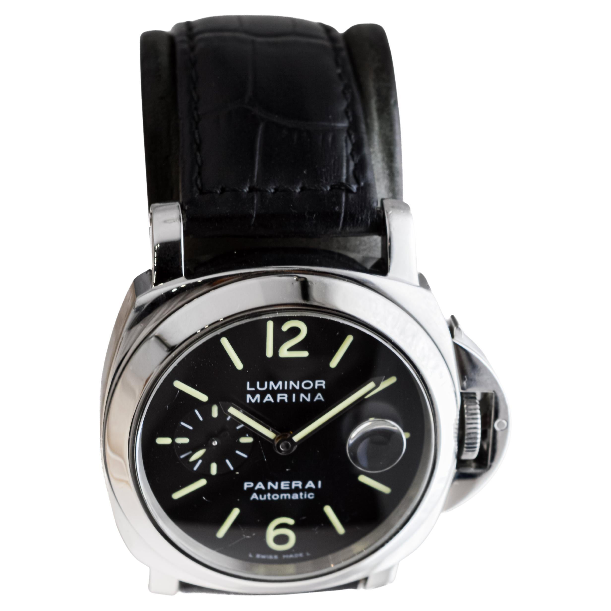 Women's or Men's Panerai Steel Luminor Marina Watch circa 2010 Original Deployant Buckle PAM 104 For Sale