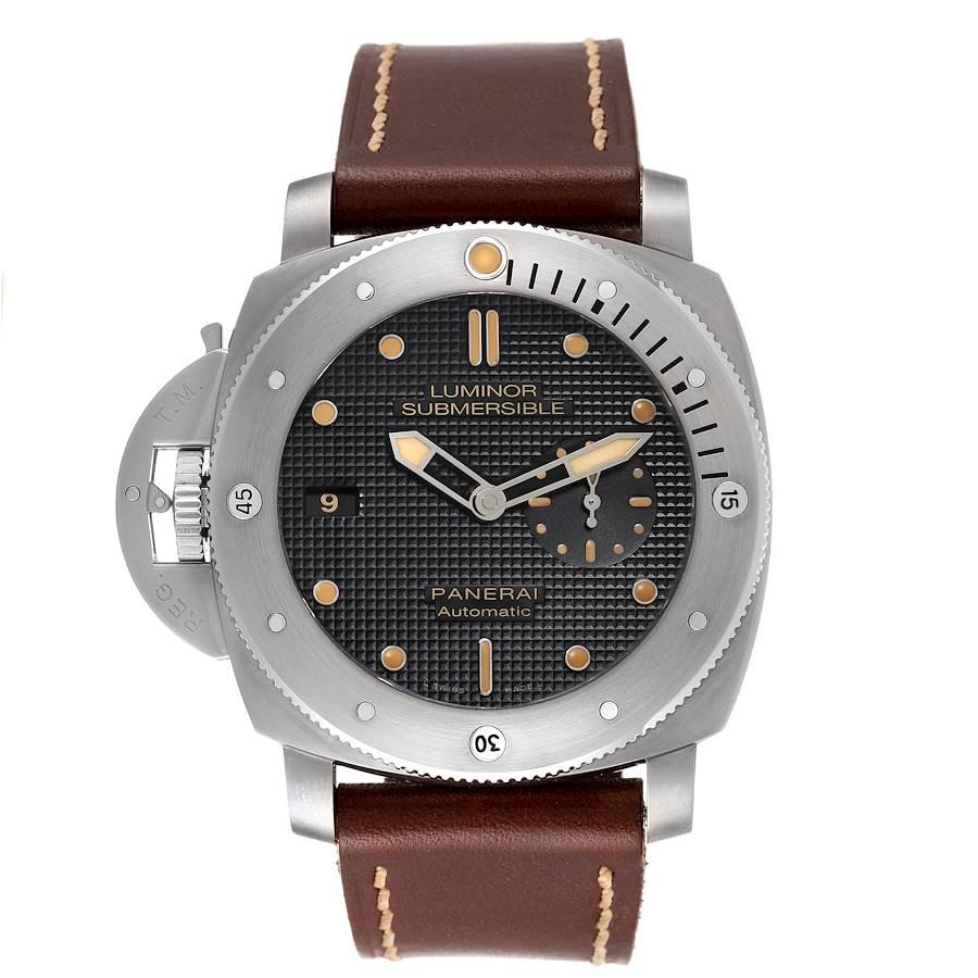 Panerai Submersible 1950 Left Handed Titanium Watch PAM00569 Box Papers. Automatic self-winding movement. Two part cushion shaped titanium case 47.0 mm in diameter. Panerai patented crown protector. Unidirectional rotating professional diver's