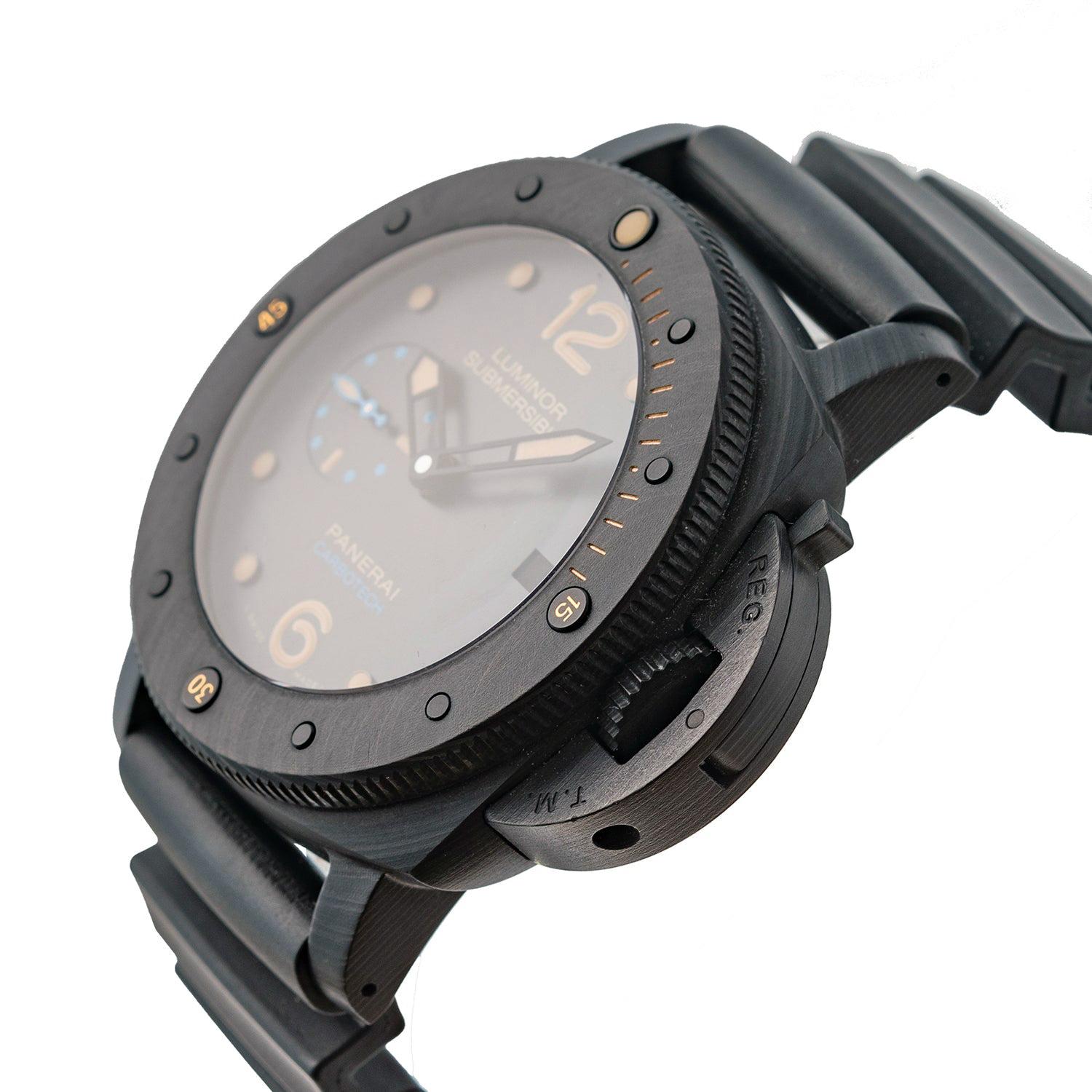 Pre-owned Panerai Submersible Carbotech (ref. PAM00616), featuring the P.9000 caliber self-winding automatic movement with an approximate 3-day power reserve when fully wound; black dial with luminous hands & hour markers; date display at 3 o'clock;