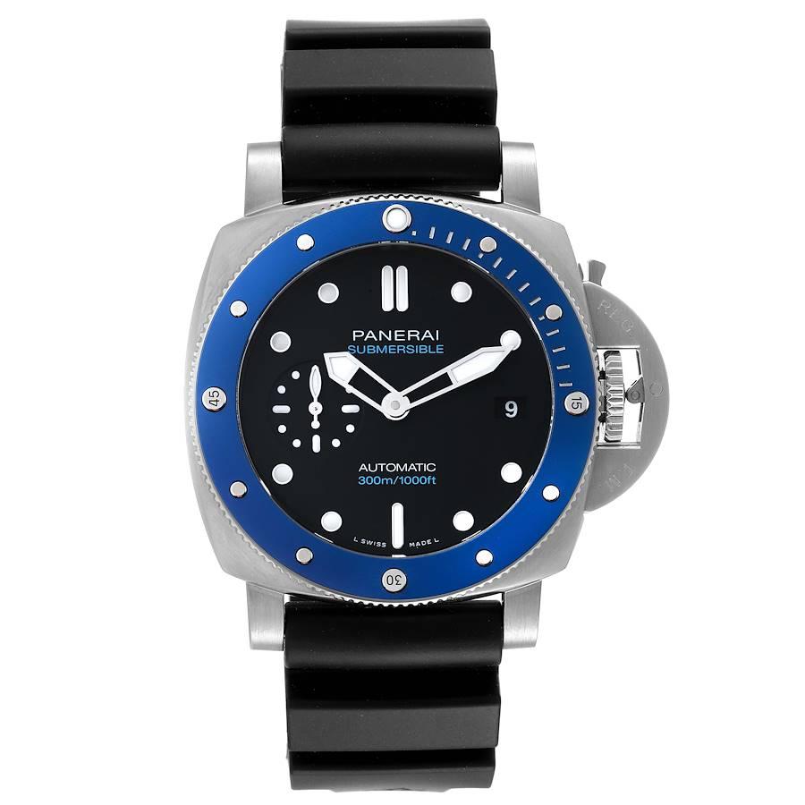 Panerai Submersible Azzurro Black Dial Steel Mens Watch PAM01209 Box Card. Automatic self-winding movement. Two part cushion shaped stainless steel case 42.0 mm in diameter. Panerai patented crown protector. Blue ceramic anti-clockwise rotating