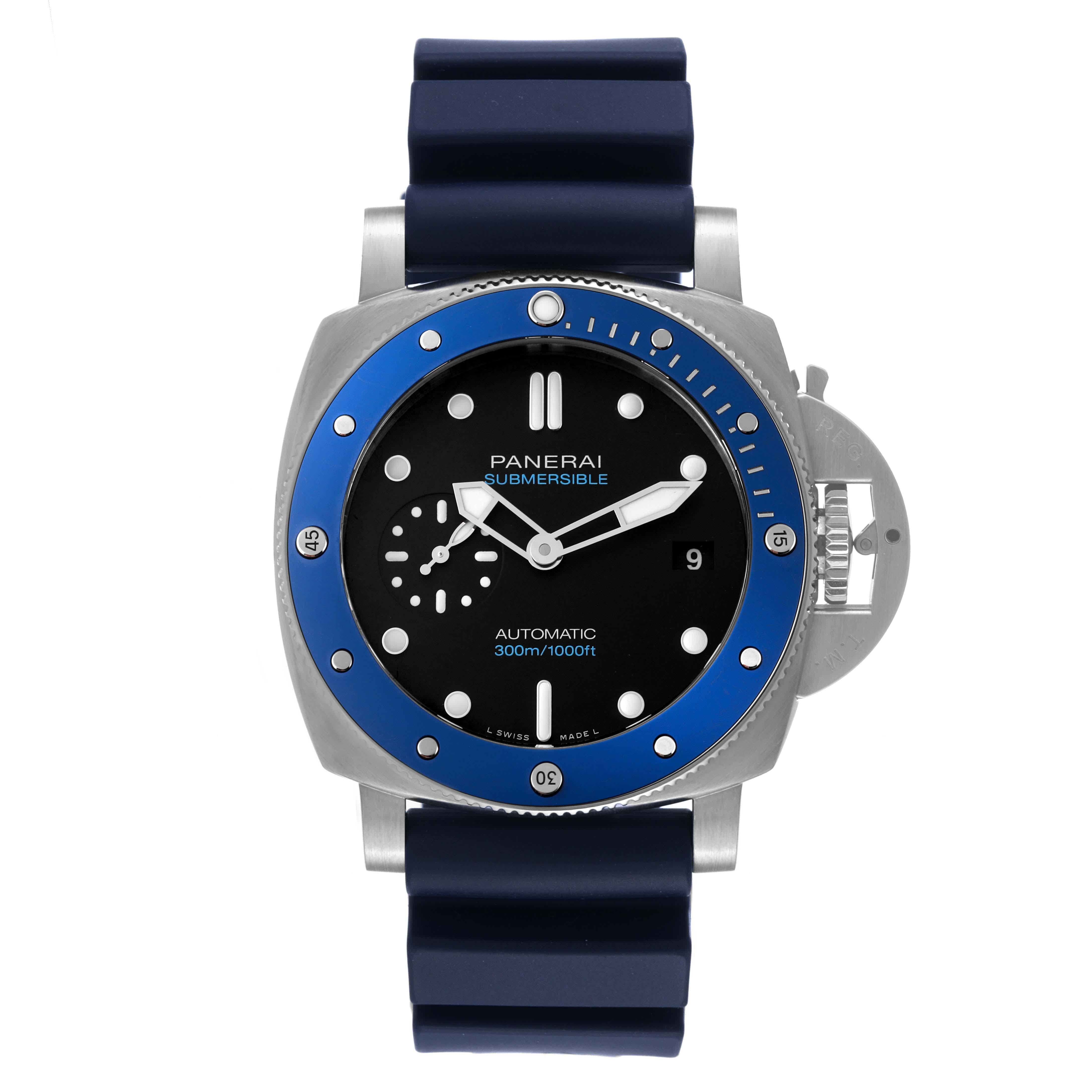Panerai Submersible Azzurro Black Dial Steel Mens Watch PAM01209 Card. Automatic self-winding movement. Two part cushion shaped stainless steel case 42.0 mm in diameter. Panerai patented crown protector. Blue ceramic anti-clockwise unidirectional