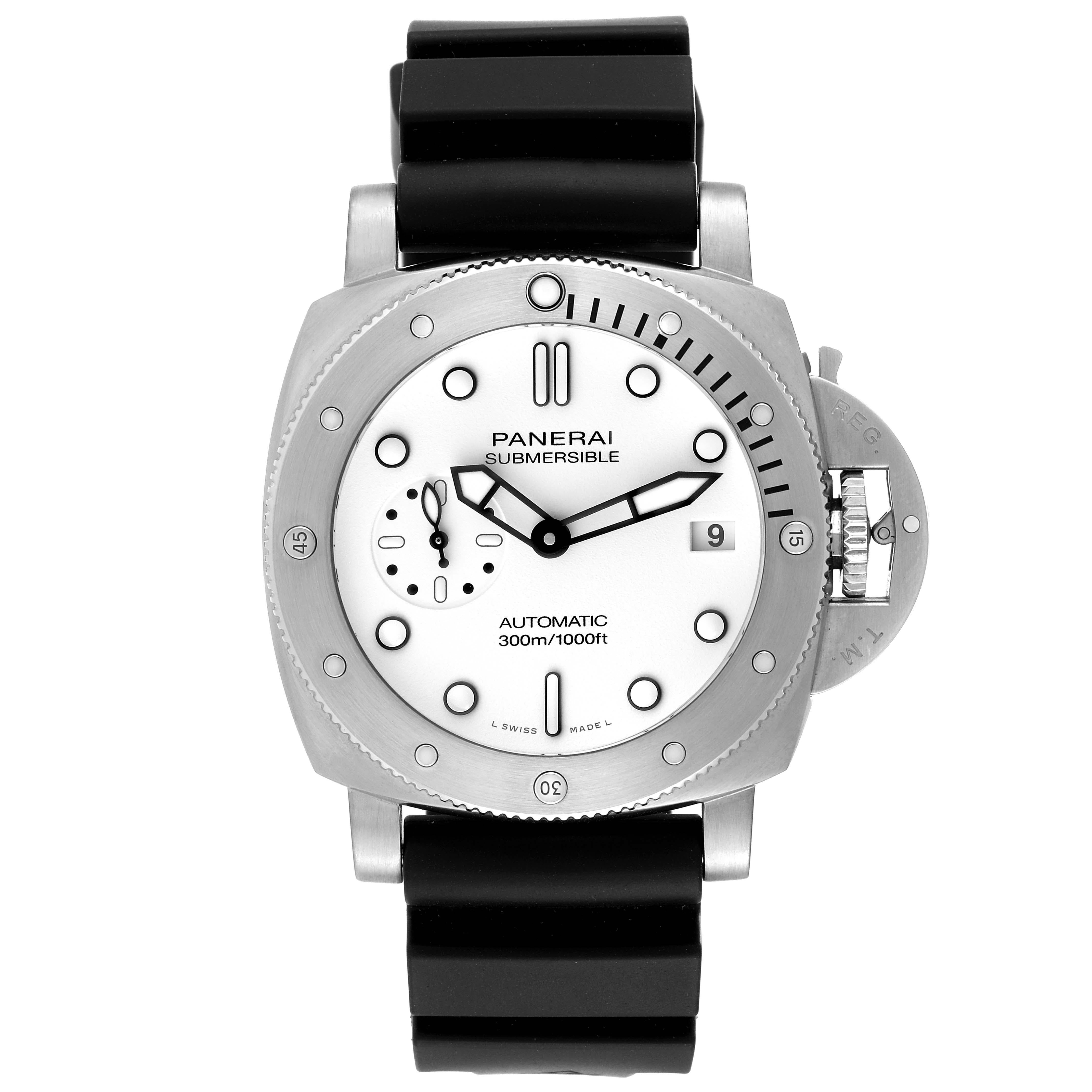 Panerai Submersible Bianco 42mm White Dial Steel Mens Watch PAM01223 Box Card. Automatic self-winding movement. Two part cushion shaped stainless steel case 42.0 mm in diameter. Panerai patented crown protector. Steel anti-clockwise unidirectional
