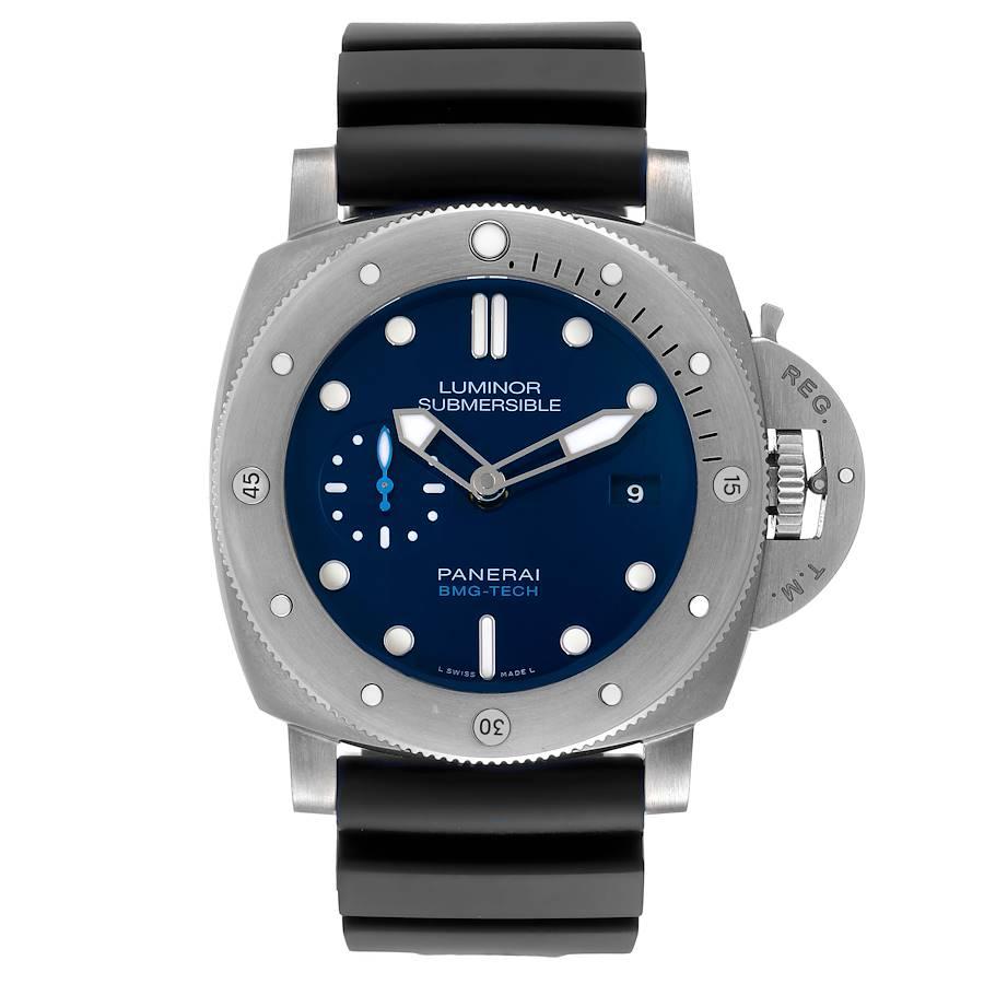 Panerai Submersible BMG-TECH Blue Dial Mens Watch PAM00692 Box Papers. Automatic self-winding movement. BMG-Tech case 47.0 mm in diameter. Panerai patented crown protector. Anti-clockwise rotating bezel with graduated scale. Scratch resistant