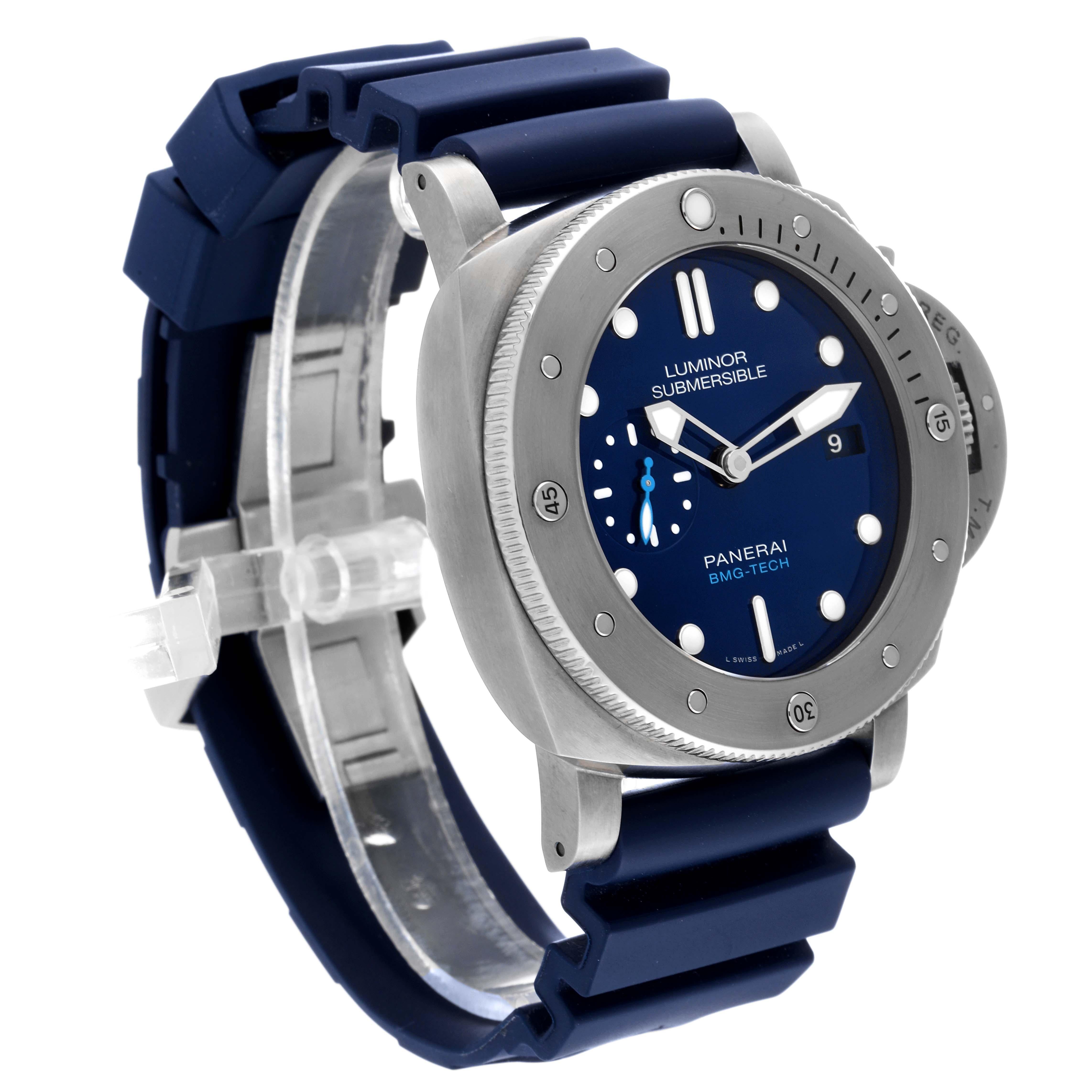 Panerai Submersible BMG-TECH Blue Dial Mens Watch PAM00692 Box Papers. Automatic self-winding movement. Incabloc? anti-shock device. Power reserve 3 days. BMG-Tech case 47.0 mm in diameter. Panerai patented crown protector. Titanium caseback.