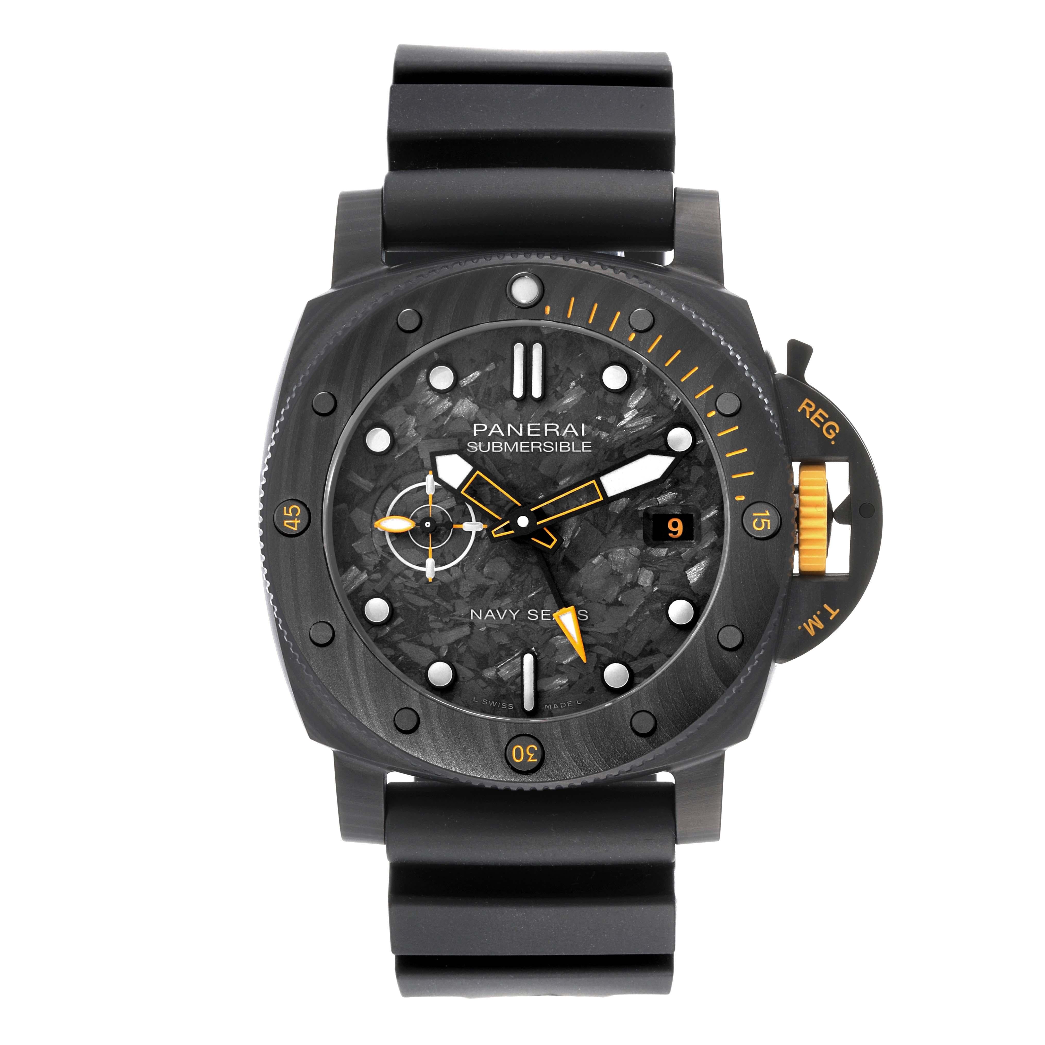 Panerai Submersible GMT Navy Seals LE Carbotech Mens Watch PAM01324 Box Card. Automatic self-winding movement. Two part cushion shaped black carbotech case 44.0 mm in diameter. Brushed titanium caseback Panerai patented crown protector. Yellow