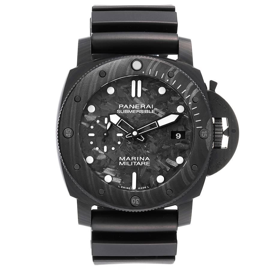 Panerai Submersible Marina Militare 47mm Carbotech Mens Watch PAM00979 Box Card. Automatic self-winding movement. Two part cushion shaped black carbotech case 47.0 mm in diameter. Panerai patented crown protector. Unidirectional rotating carbotech