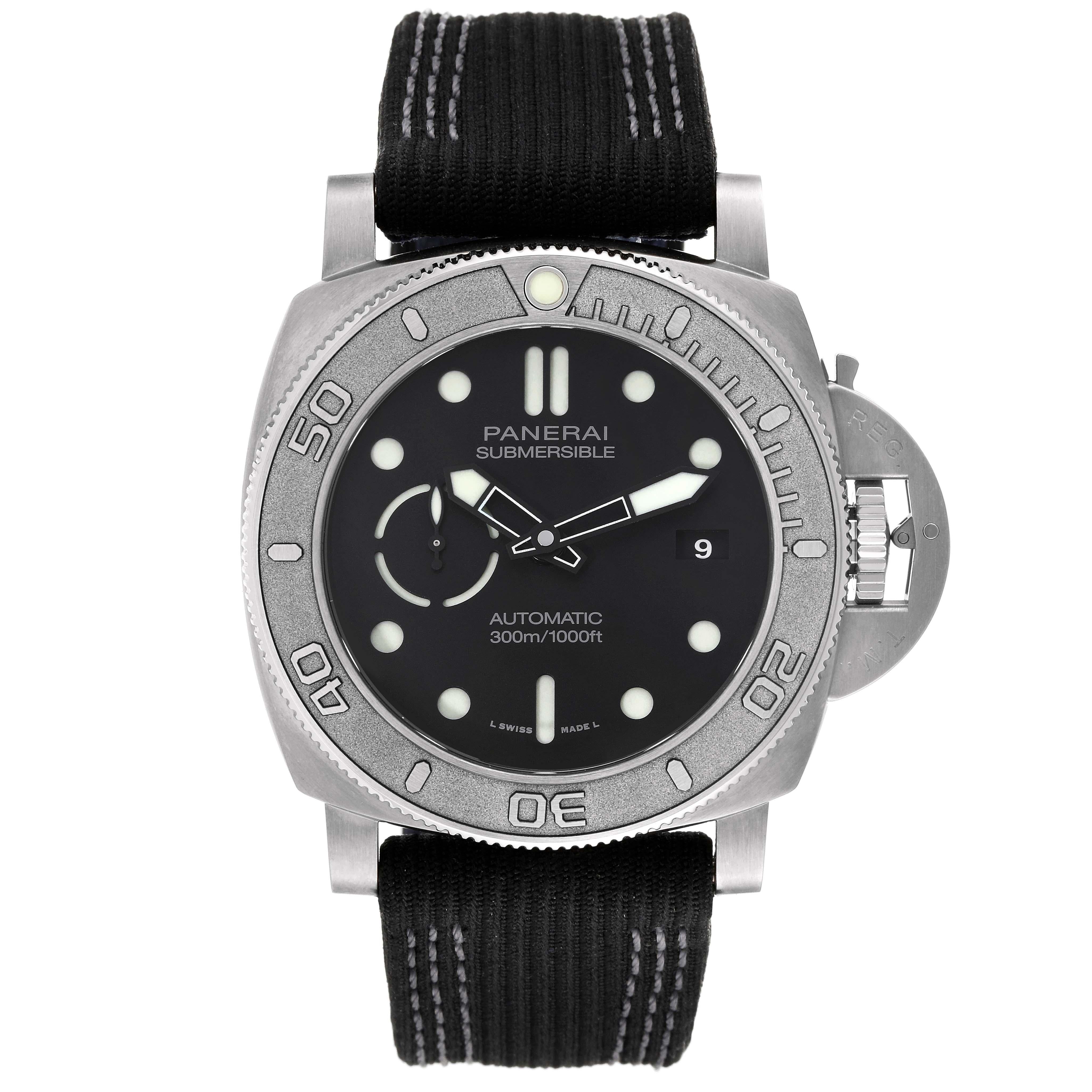 Panerai Submersible Mike Horn Edition Titanium Mens Watch PAM00984 Box Card. Automatic self-winding movement. Cushion shaped titanium case 47.0 mm in diameter. Panerai patented crown protector. Unidirectional rotating titanium bezel with graduated