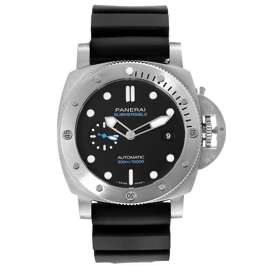 Panerai Submersible Quarantaquattro 44mm Mens Watch PAM01229 Box Card. Automatic self-winding movement. Stainless steel cushion case, 44.0 mm in diameter. Panerai patented crown protector. Unidirectional rotating diver's bezel. Scratch resistant