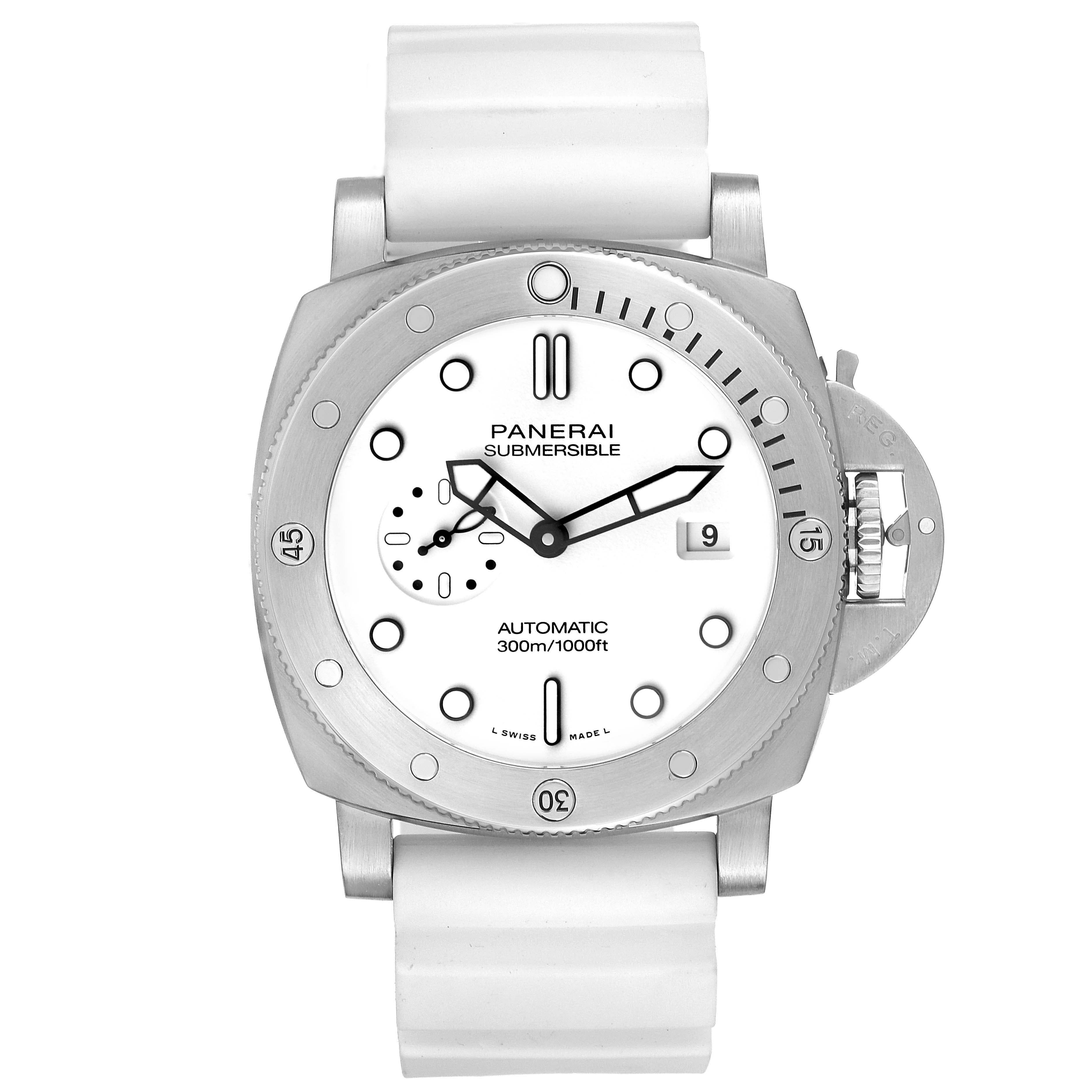 Panerai Submersible QuarantaQuattro Bianco Steel Mens Watch PAM01226 Box Card. Automatic self-winding movement. Stainless steel cushion case, 44.0 mm in diameter. Panerai patented crown protector. Unidirectional rotating stainless steel diver's