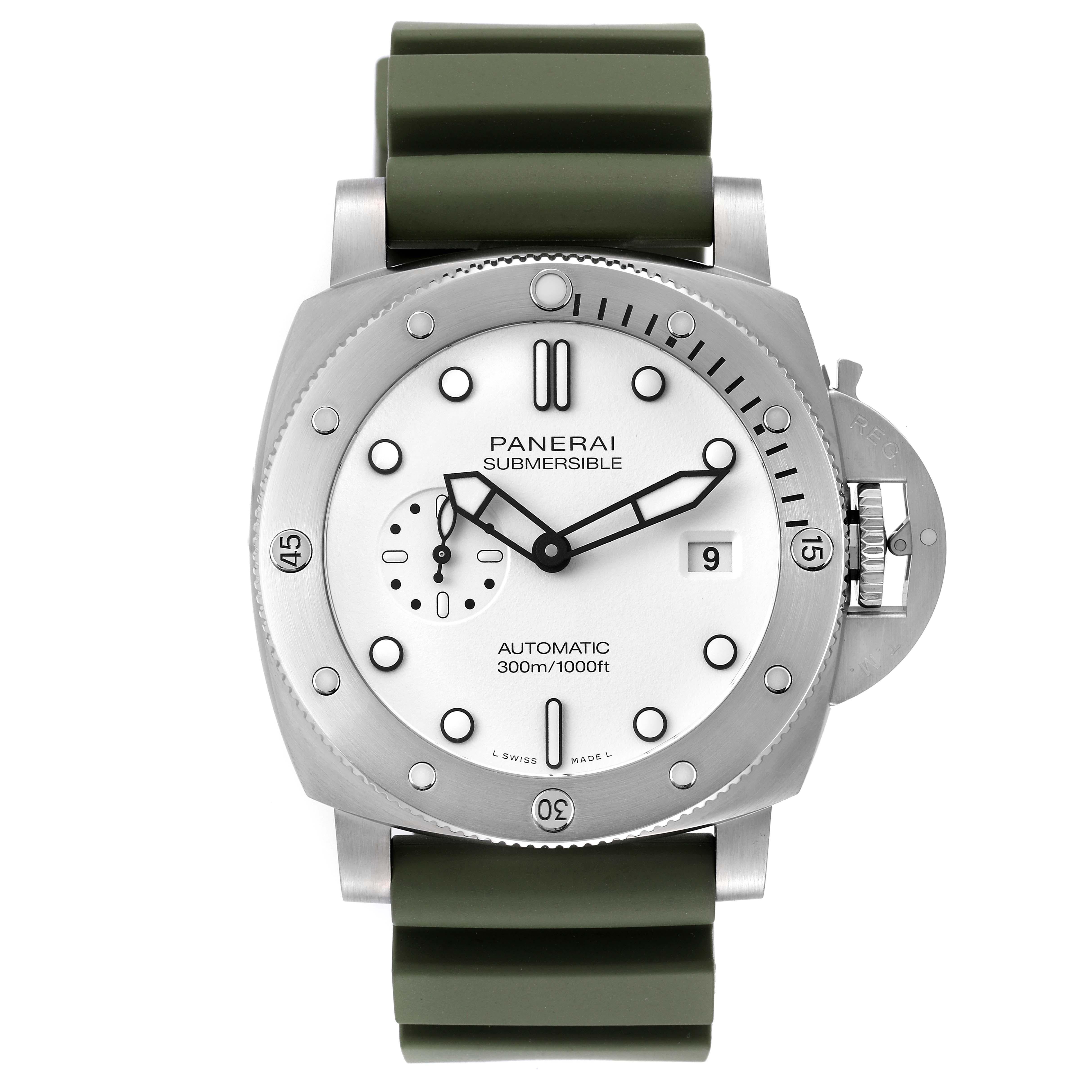 Panerai Submersible QuarantaQuattro Bianco Steel Mens Watch PAM01226 Unworn. Automatic self-winding movement. Stainless steel cushion case, 44.0 mm in diameter. Panerai patented crown protector. Unidirectional rotating diver's bezel. Scratch