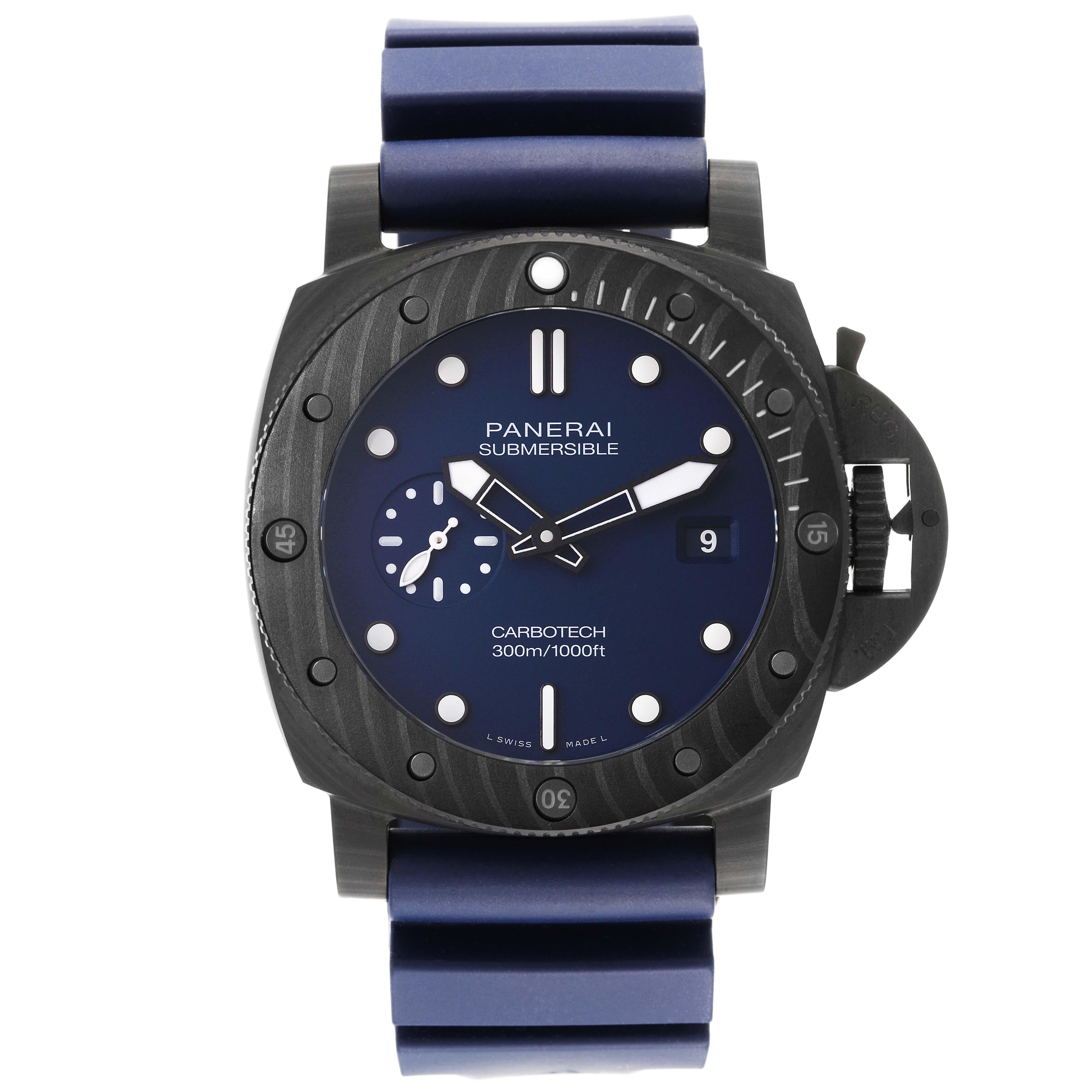 Panerai Submersible QuarantaQuattro Carbotech Mens Watch PAM01232 Unworn. Automatic self-winding movement. Black Carbotech carbon fiber composite cushion case 44.0 mm in diameter. Panerai patented crown protector. Black Carbotech uni-directional