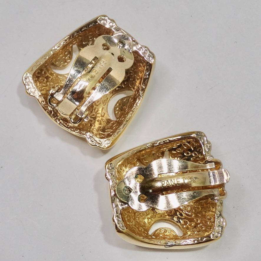 Classic and versatile Panetta 18K gold plated jumbo stud statement earrings circa 1980s! Gorgeous clip-on large gold stud earrings in an abstract trapezoid shape. These are the perfect way to spice up any look with a pop of gold while still keeping