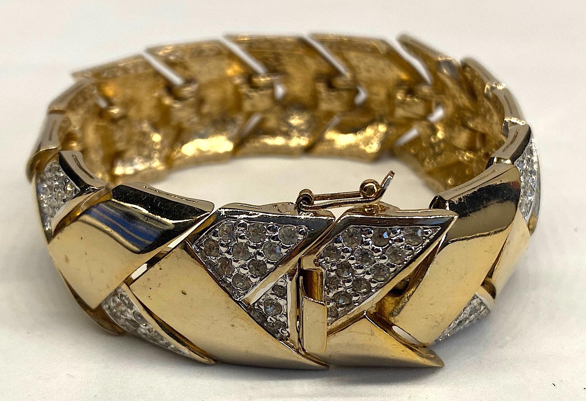 Panetta 1970s Gold & Rhinestones Zig Zag Link Bracelet 13