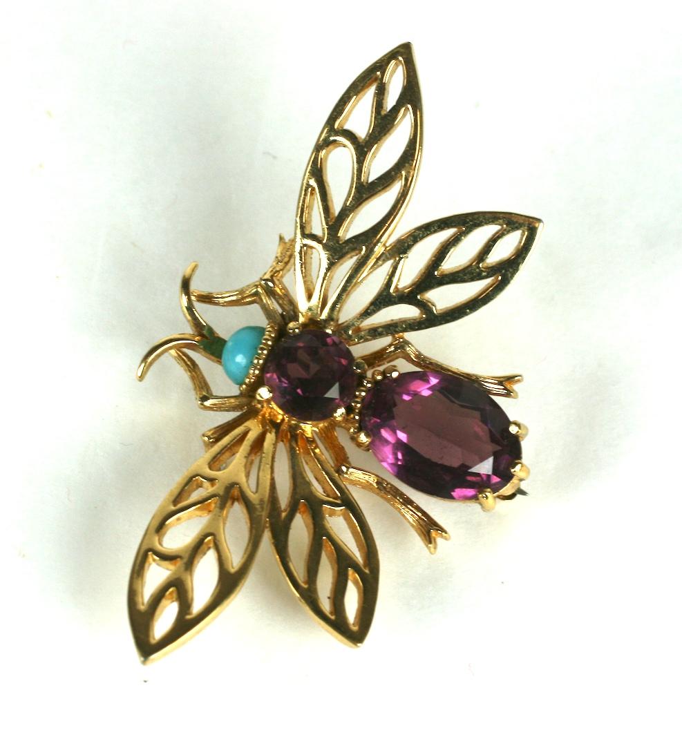 Charming Panetta Amythest and Turquoise Bug brooch from the 1980's rendered in gilt metal and glass. 2.75