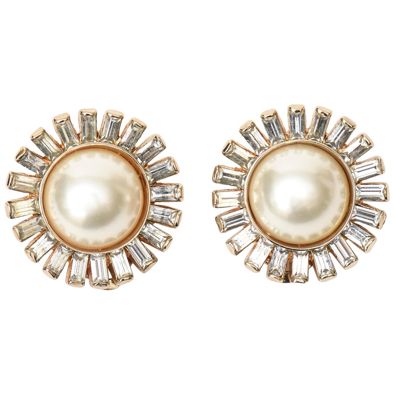 Panetta Clip on Faux Pearl and Rhinstone Pair of Earrings Vintage For Sale