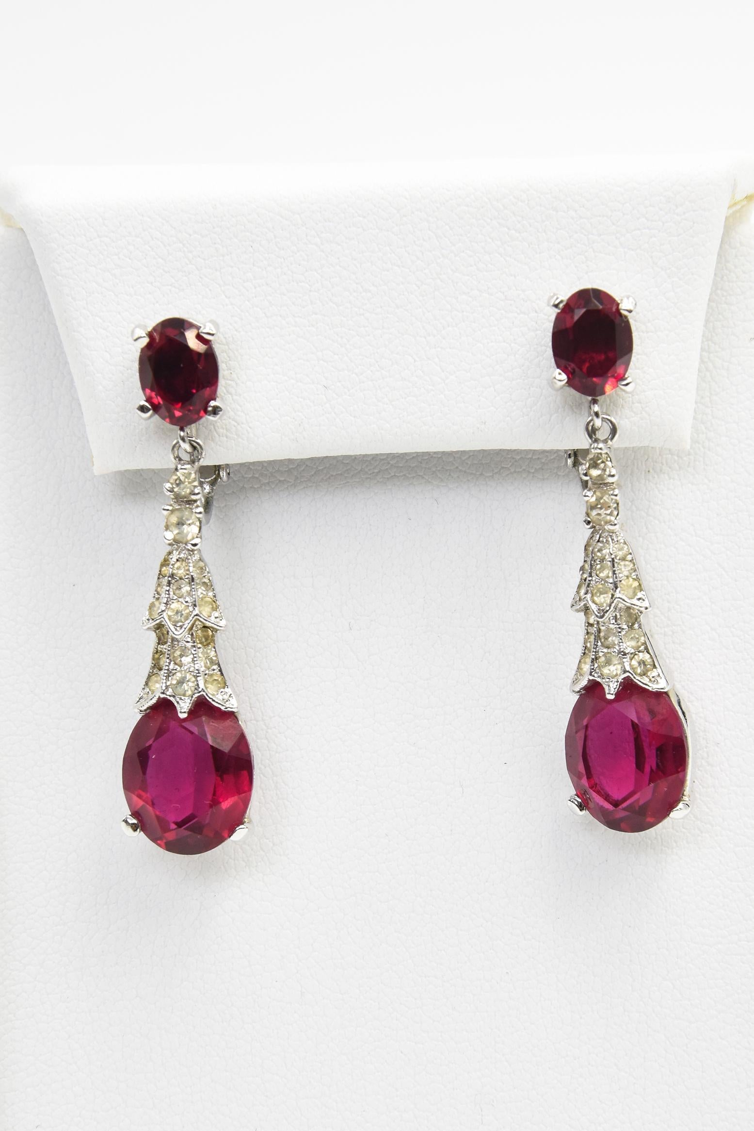 Panetta is truly one of the best of the great pretenders. His costume pieces are finely made to give you the look of real at the price of costume.  In these mid 20th century clip on earrings he uses red and clear crystals to create a fake ruby drop