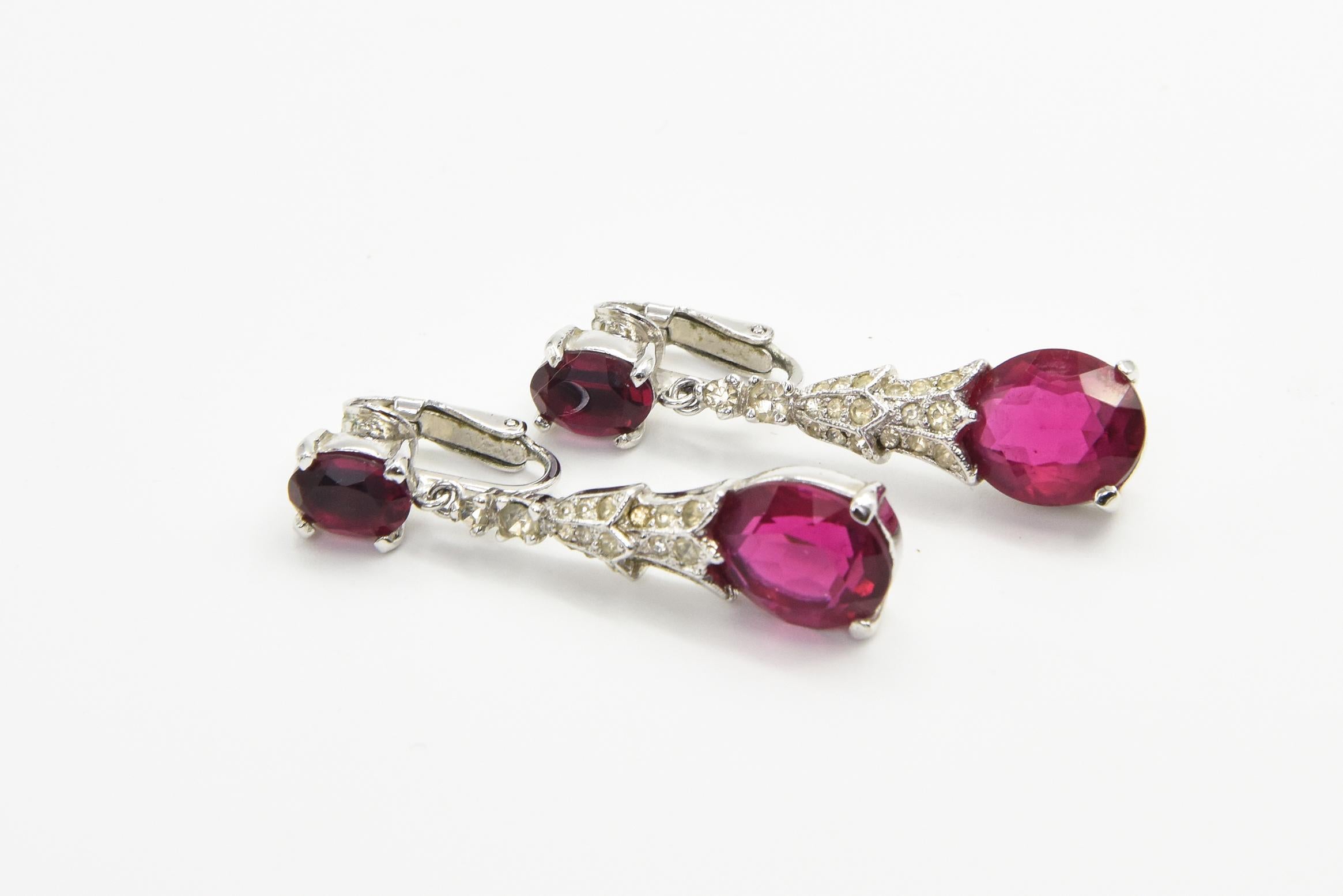 Round Cut Panetta Faux Ruby and Diamond Crystal Drop Dangle Clip On Earrings