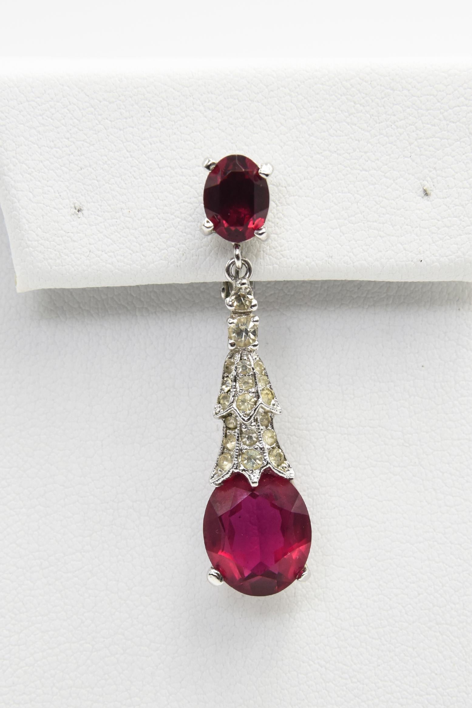 Panetta Faux Ruby and Diamond Crystal Drop Dangle Clip On Earrings In Good Condition In Miami Beach, FL