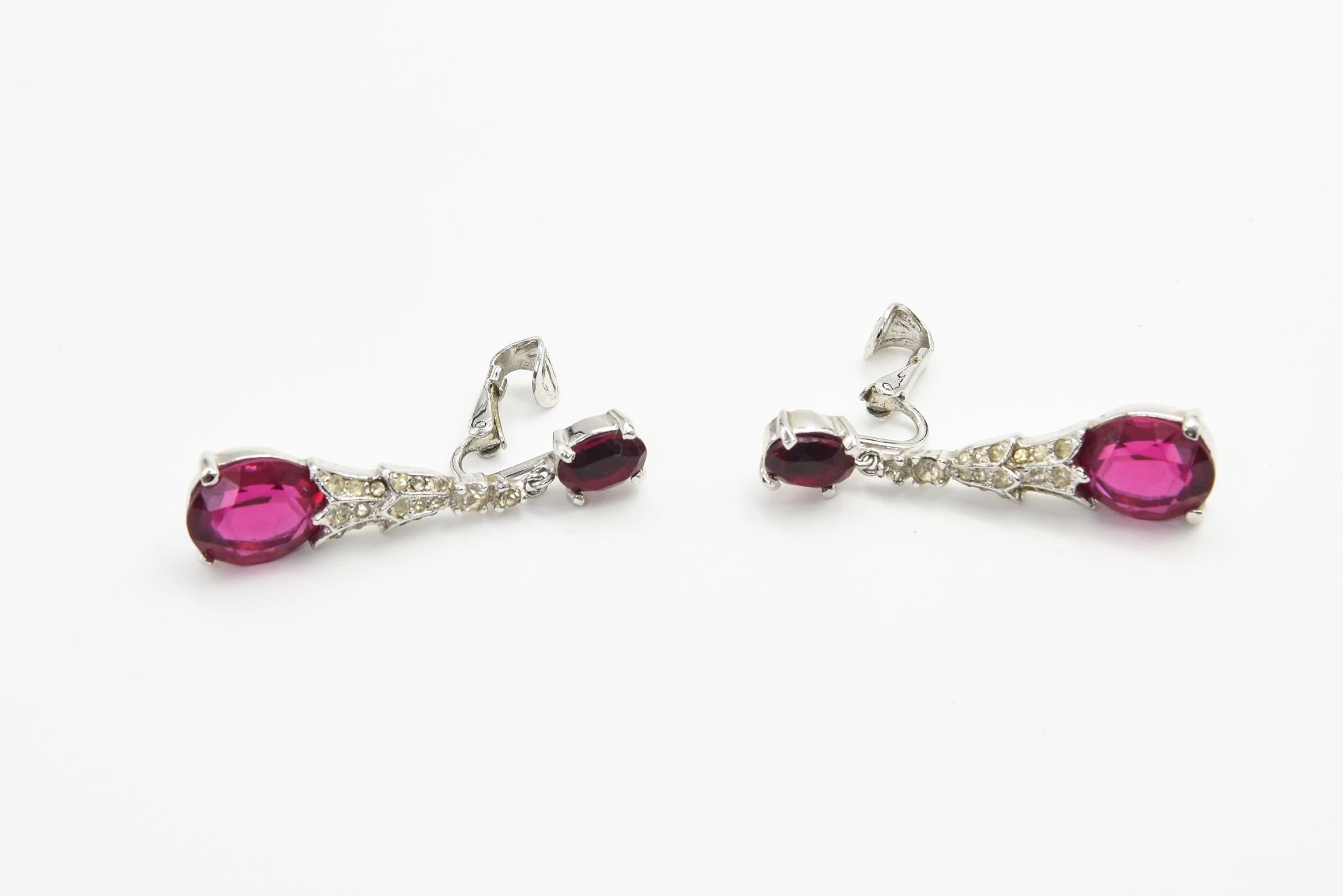 Panetta Faux Ruby and Diamond Crystal Drop Dangle Clip On Earrings 3