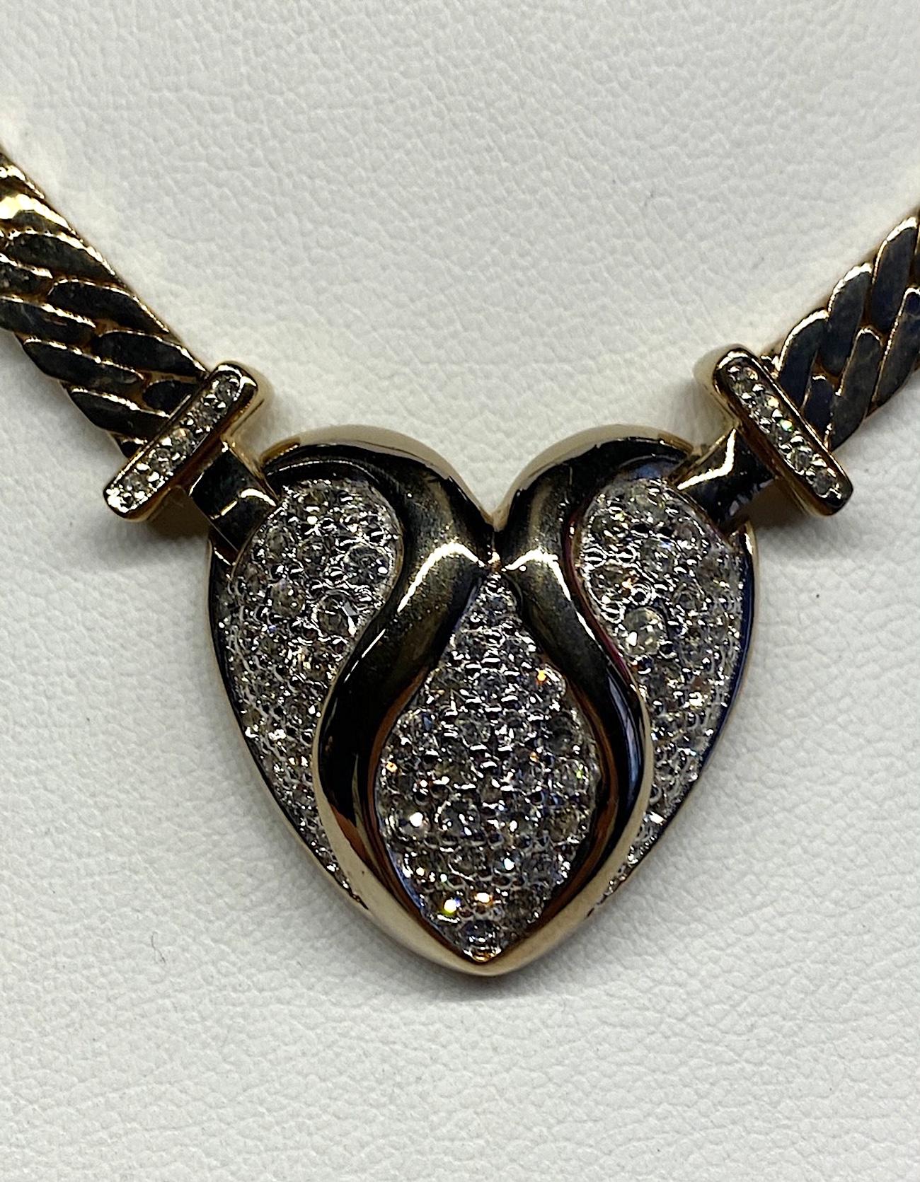 Panetta Gold & Rhinestone Heart Necklace circa 1980 1