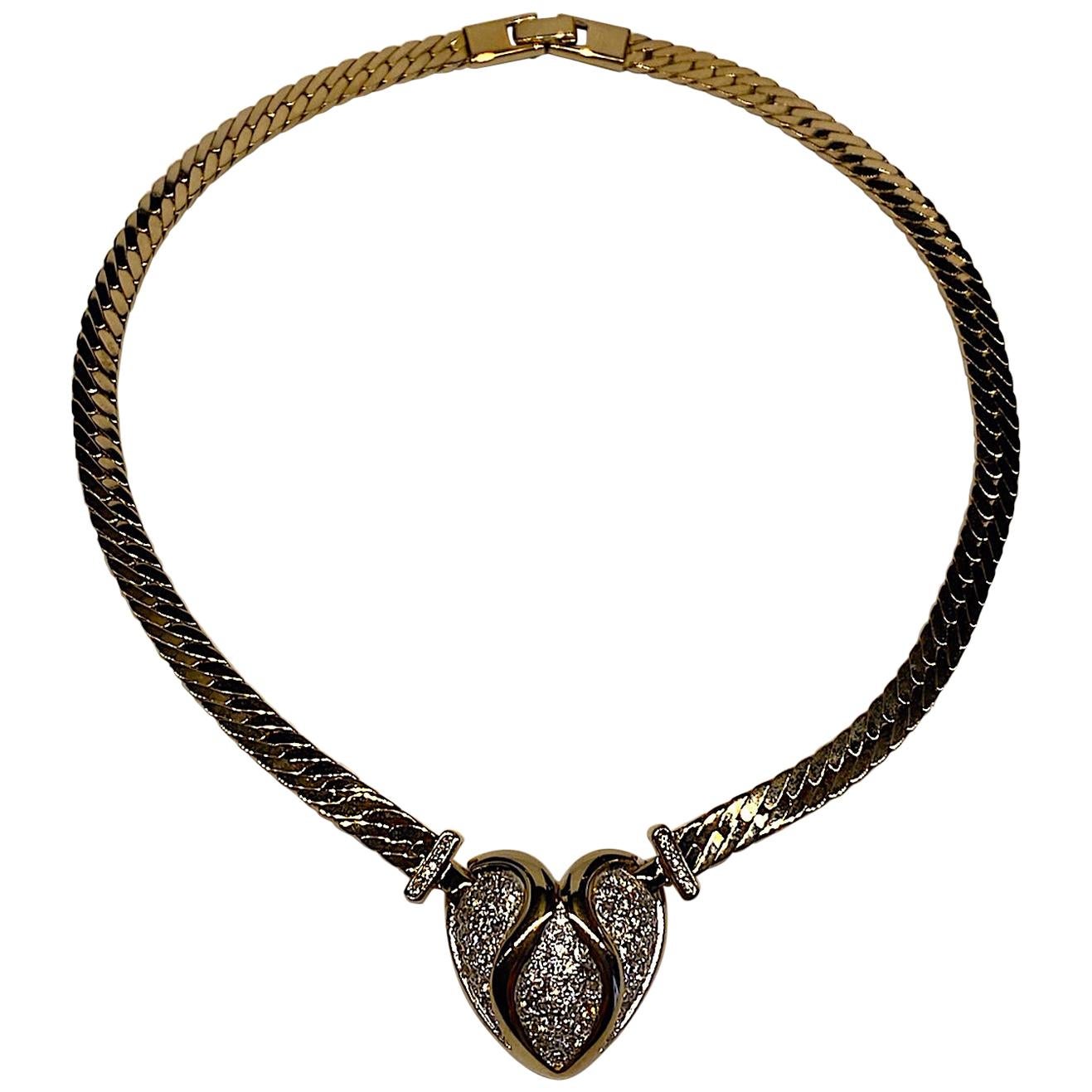 Panetta Gold & Rhinestone Heart Necklace circa 1980