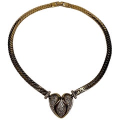 Retro Panetta Gold & Rhinestone Heart Necklace circa 1980