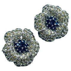 PANETTA signed vintage silver rhinestone flower designer clip on earrings