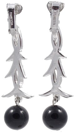 Panetta Silver Plated Faux Pearl Black Onyx Rhinestone Clip On Dangle Earrings