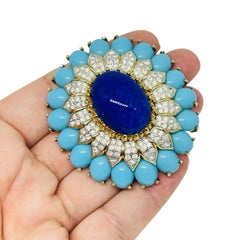PANETTA vintage gold tone glass lapis turquoise rhinestones designer brooch