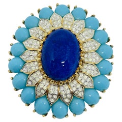 PANETTA vintage gold tone glass lapis turquoise rhinestones designer brooch