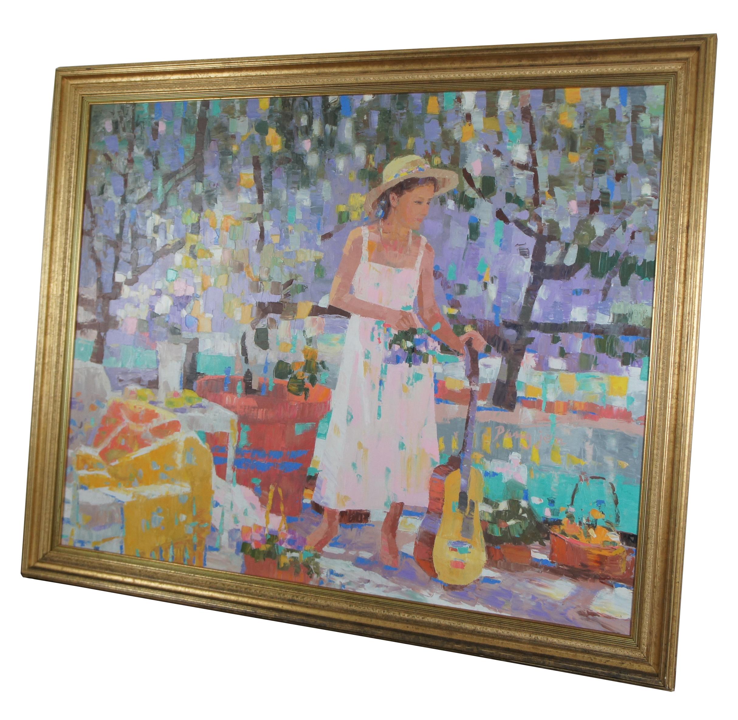 Pang Jen (Pong Zhen, Peng Jen) late 20th century original oil on canvas. Features a girl with a guitar on a patio overlooking a garden landscape. Size: 54