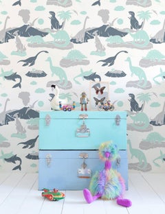 Pangaea Designer Dinosaur Wallpaper in Mineral 'Mint, Grey and Steel Blue'