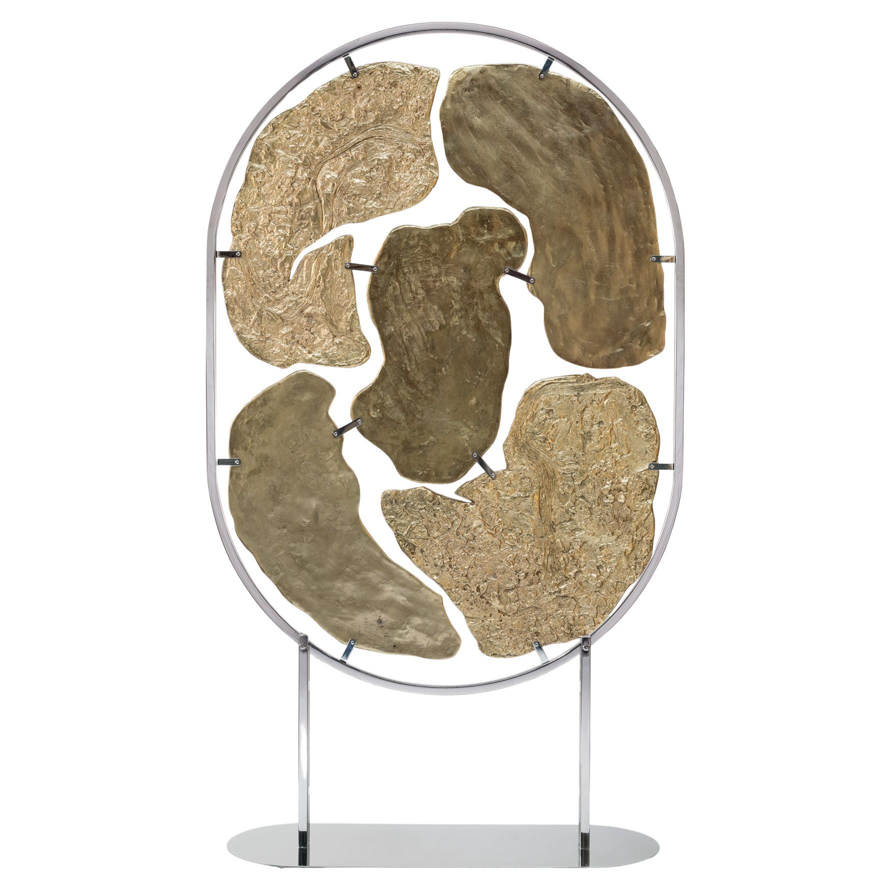 PANGEA ASYM, contemporary screen in gold plated cast metal, stainless steel base