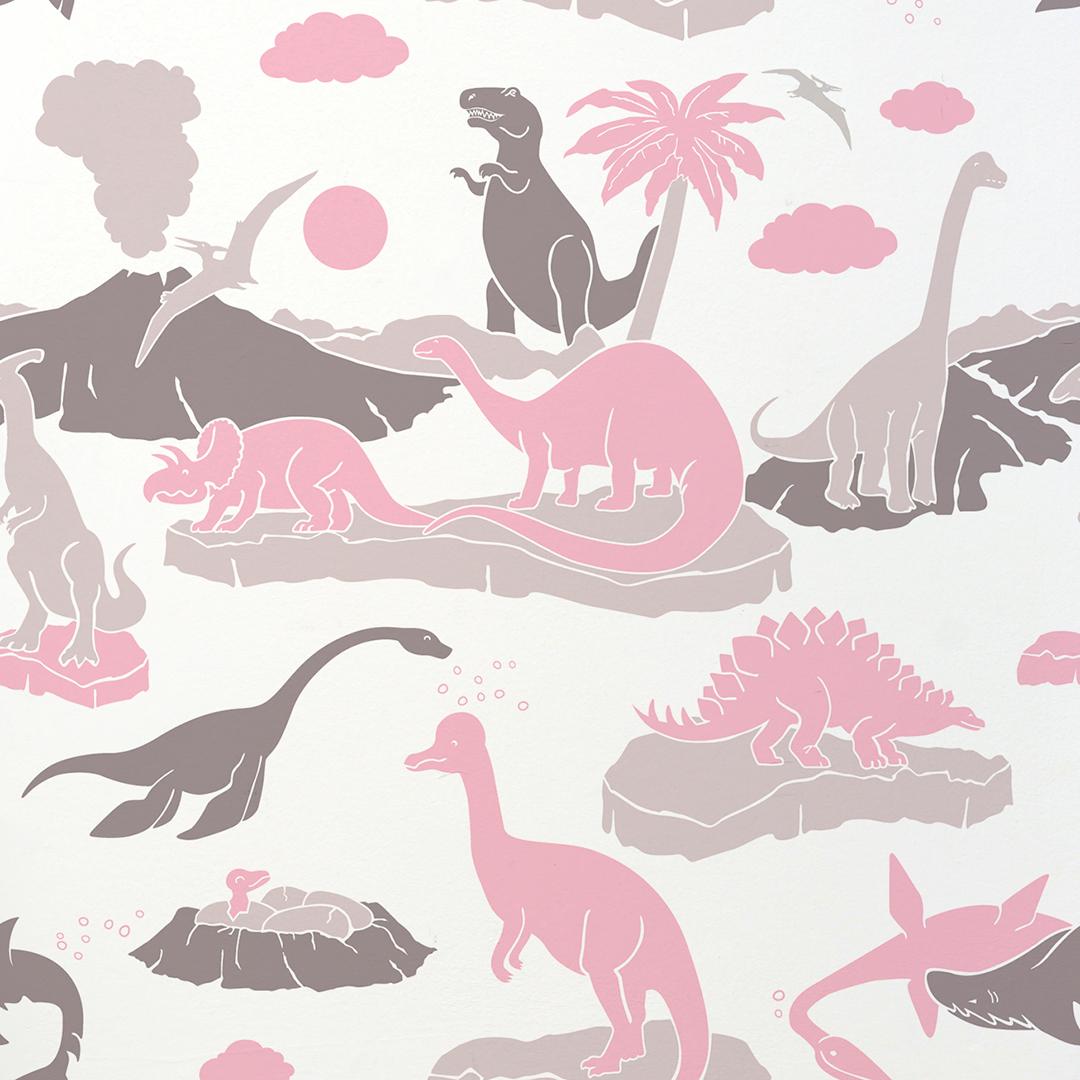 Pangaea Designer Dinosaur-Tapete in Rosa, Hellgrau und Braun