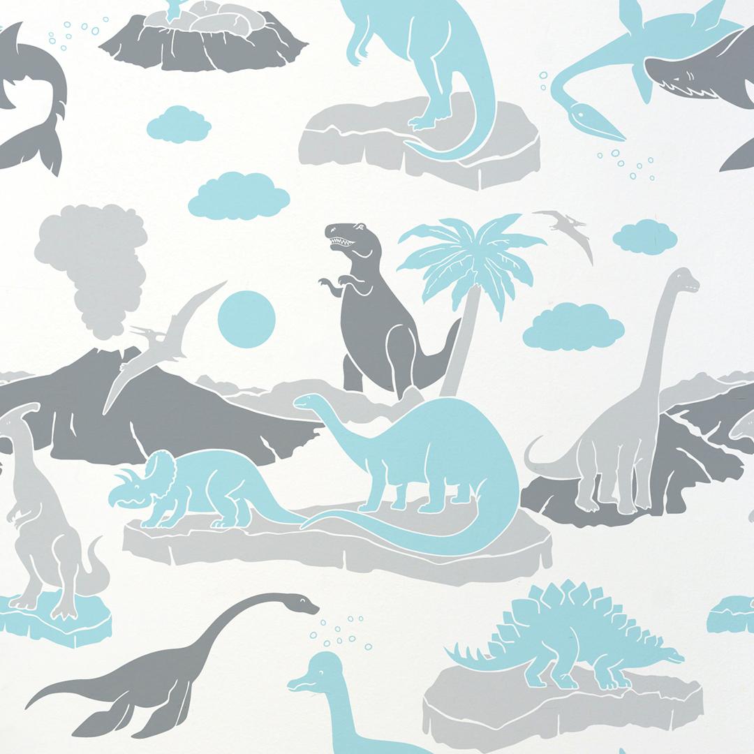 Pangaea Designer Dinosaur Wallpaper in Ice 'Turquoise Blue and Greys'