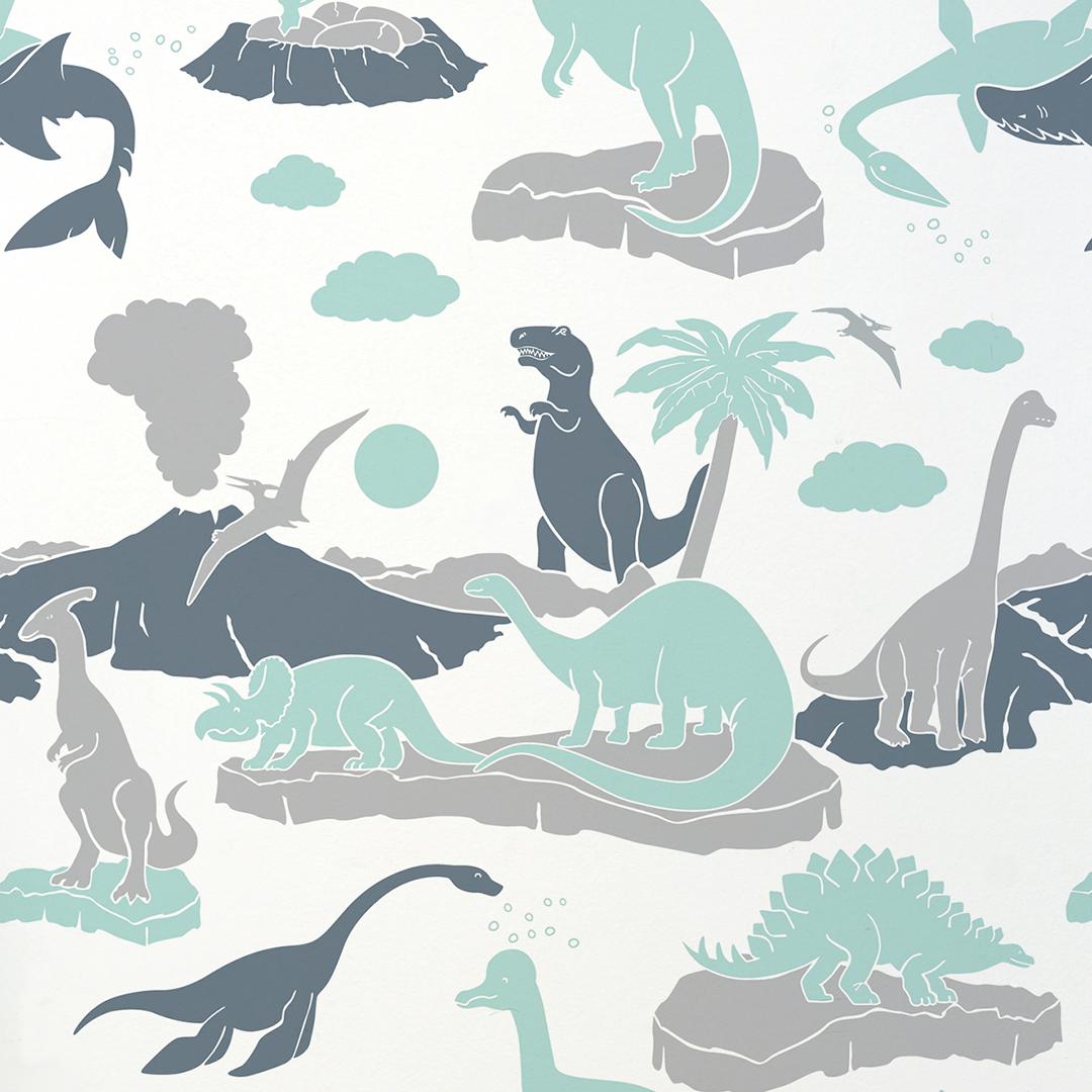 Pangaea Designer Dinosaur Wallpaper in Mineral 'Mint, Grey and Steel Blue'