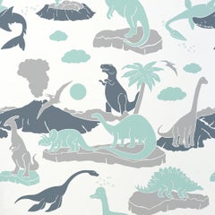 Pangaea Designer-Tapete Dinosaur in Mineral „Mint, Grau und Stahlblau“