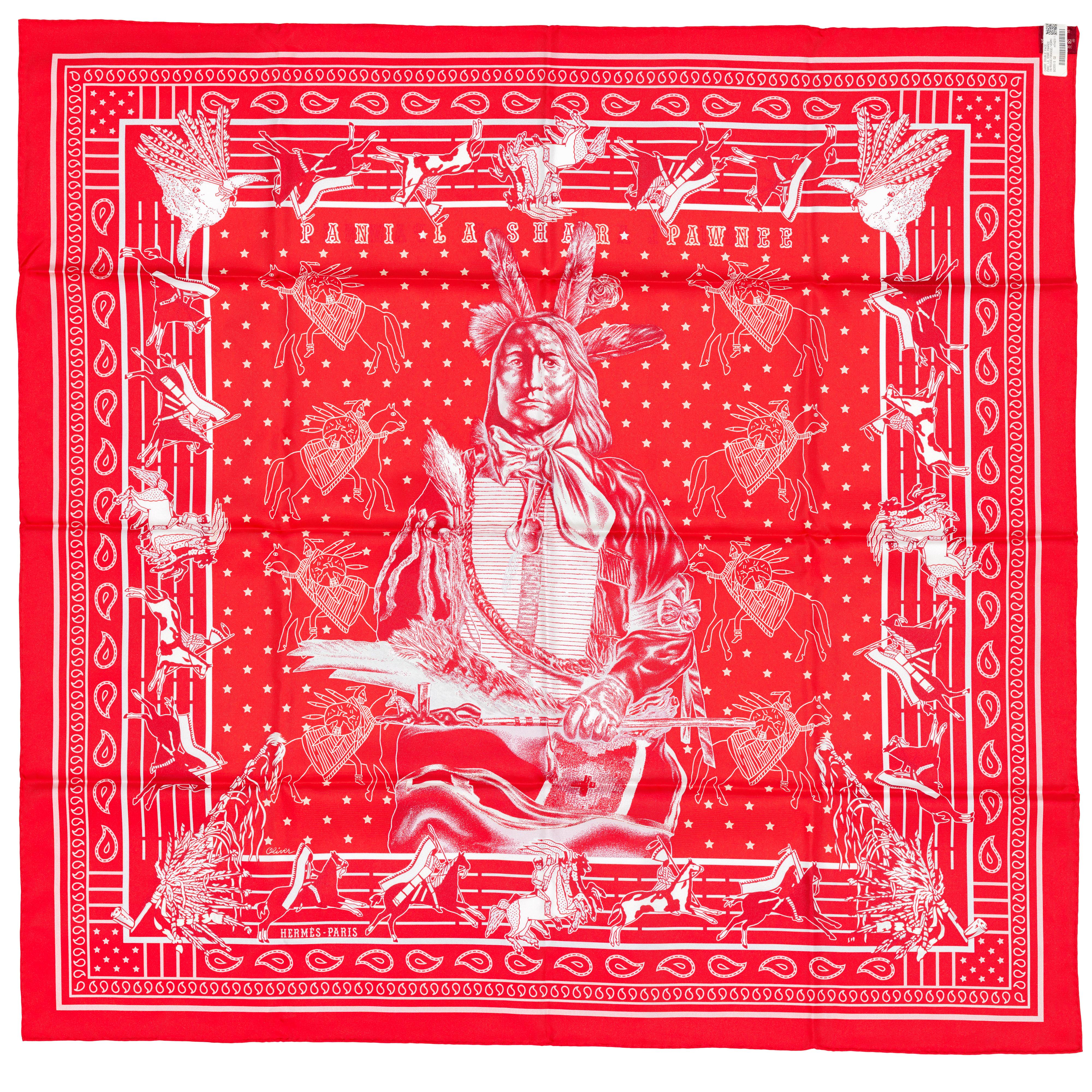 Pani La Shar Pawnee – Rouge – Orange – Vermillon – Double Face – NWST - 2508161533

Brand: Hermès
Type/Model: Scarf 90 Silk Twill – Double-Sided Print
Name Design: Pani La Shar Pawnee, Pani La Shar Pawnee
Artist: Kermit Oliver
Size: 90 cm x 90 cm /