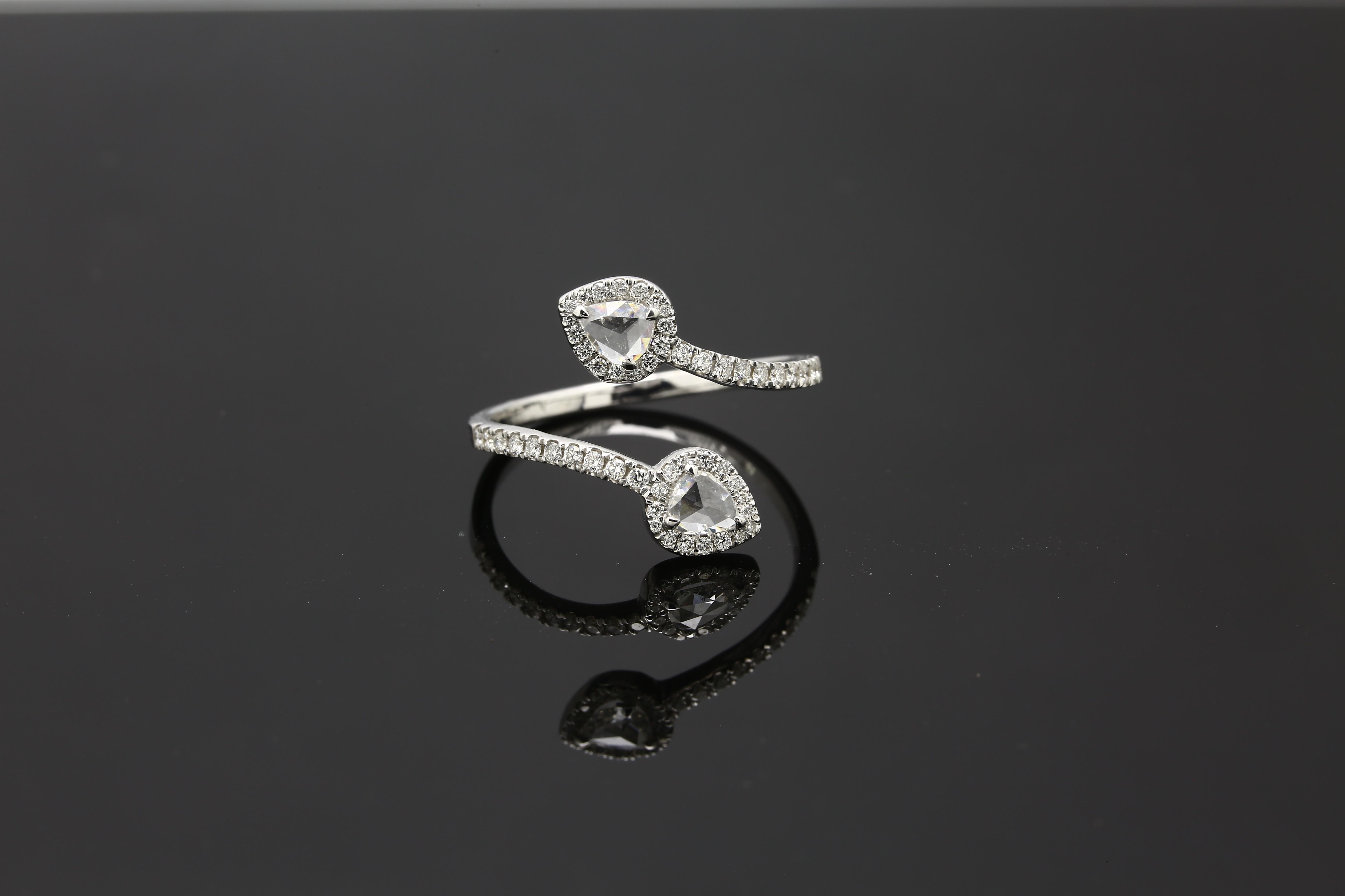 Rose Cut PANIM 0.68 Carat Two Pear Rosecut Diamond Ring in 18 Karat White Gold For Sale