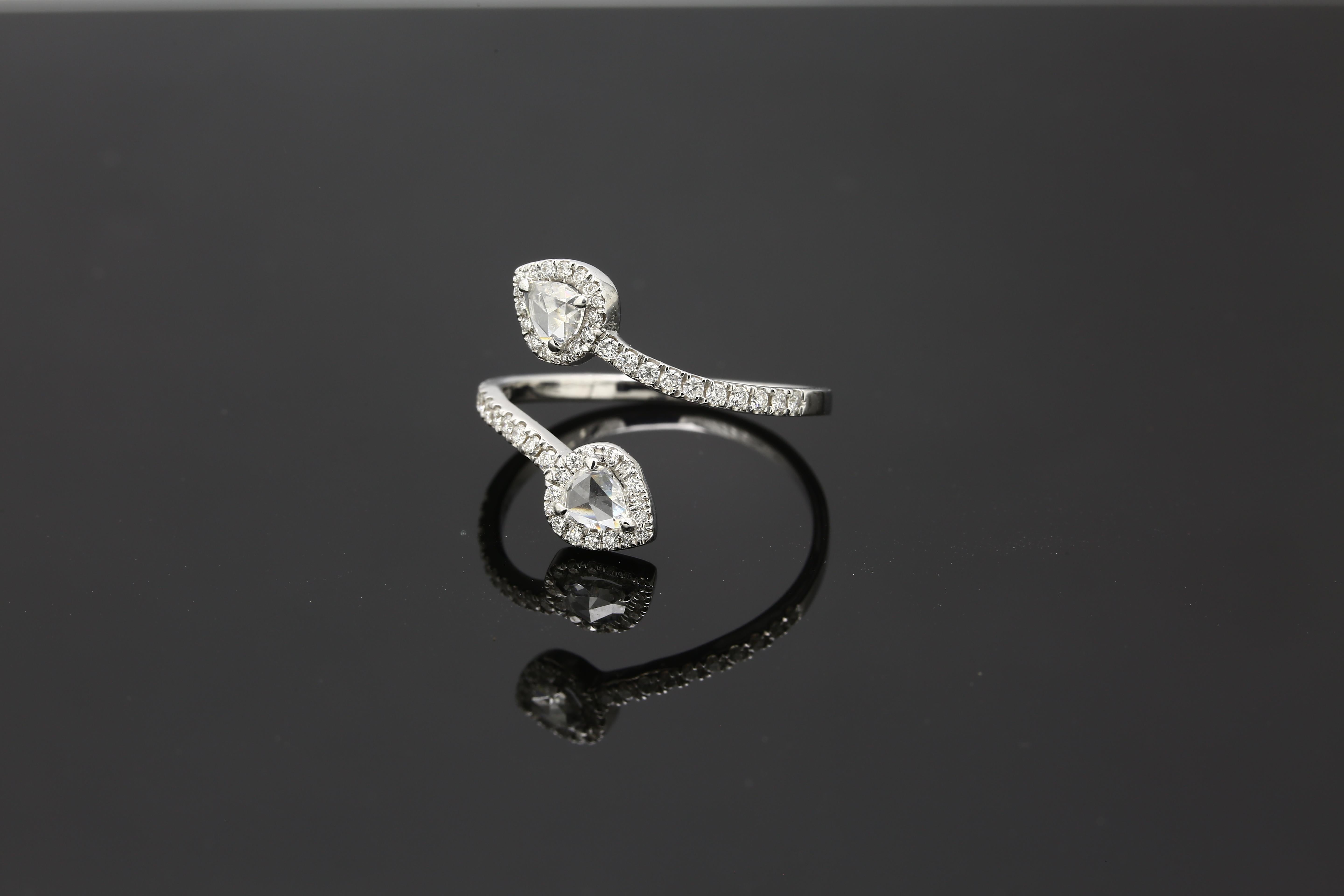 PANIM 0.68 Carat Two Pear Rosecut Diamond Ring in 18 Karat White Gold In New Condition For Sale In Tsim Sha Tsui, Hong Kong