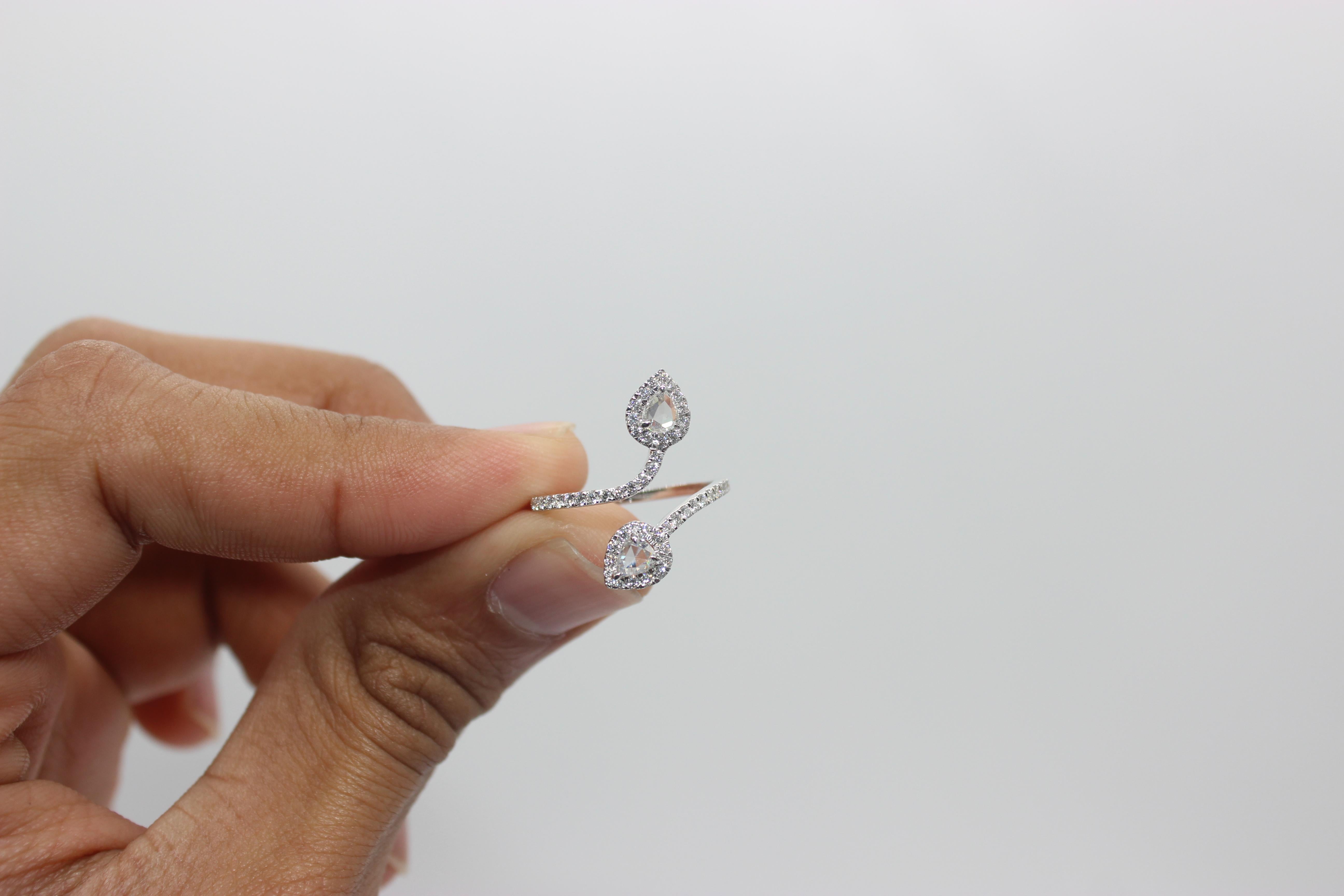 PANIM 0.68 Carat Two Pear Rosecut Diamond Ring in 18 Karat White Gold For Sale 4
