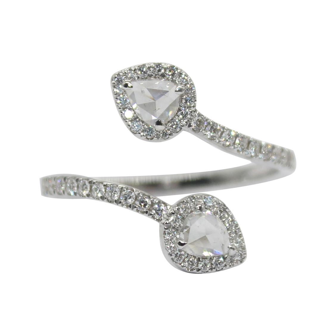 PANIM 0.68 Carat Two Pear Rosecut Diamond Ring in 18 Karat White Gold For Sale