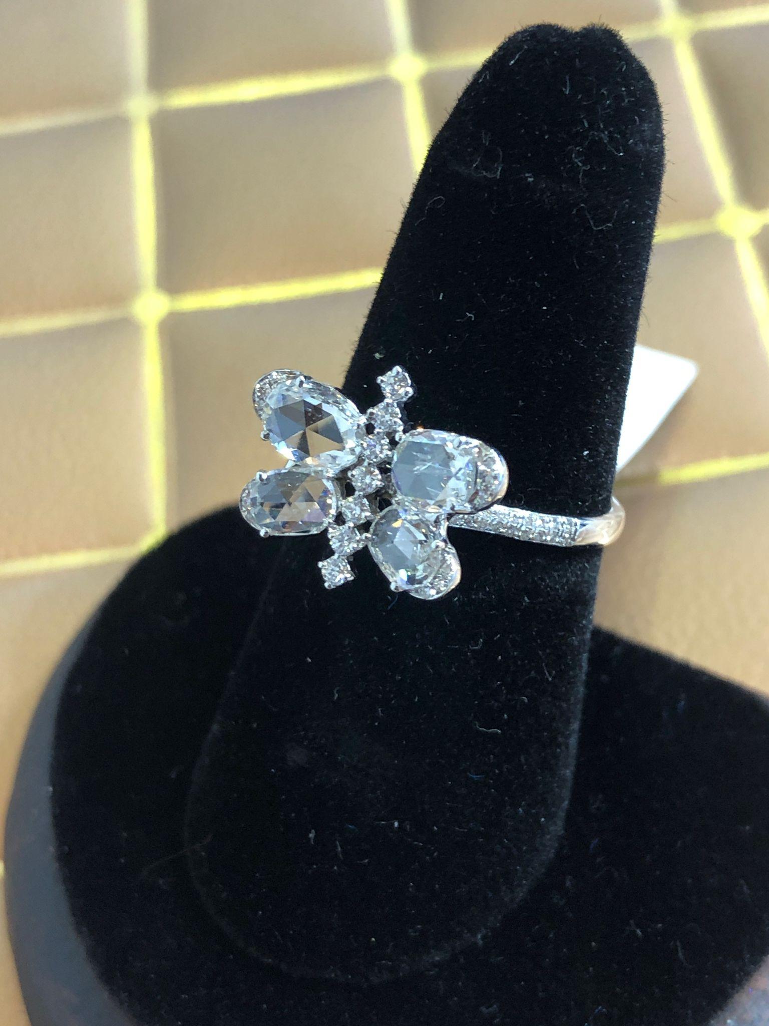 Women's PANIM 1 Carat Butterfly Rosecut Diamond Ring in 18 Karat White Gold For Sale