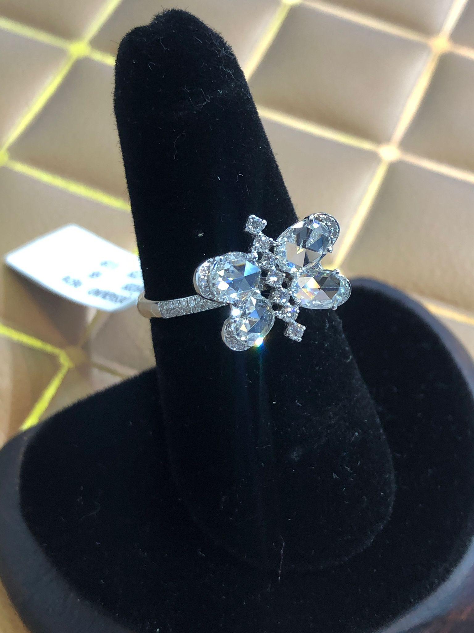 PANIM 1 Carat Butterfly Rosecut Diamond Ring in 18 Karat White Gold For Sale 1