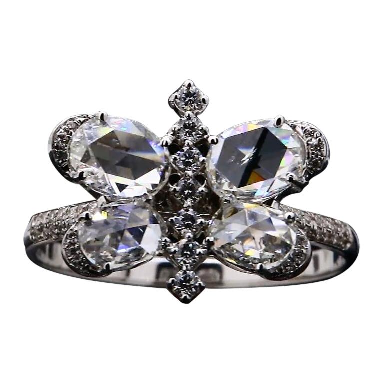 PANIM 1 Carat Butterfly Rosecut Diamond Ring in 18 Karat White Gold For Sale